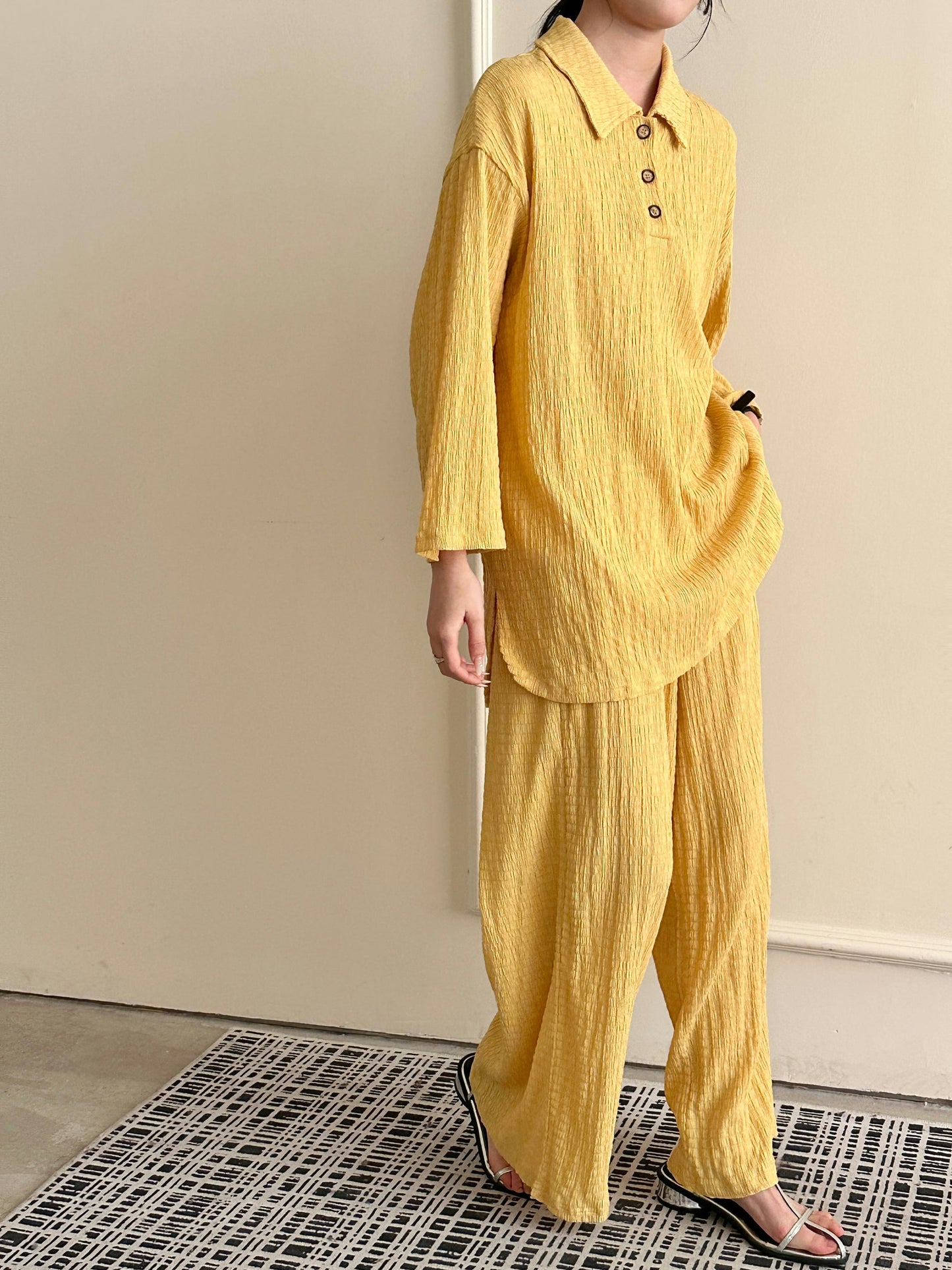 Gigi Textured Summer Co ord Burnt Yellow | New Arrivals | Hassal