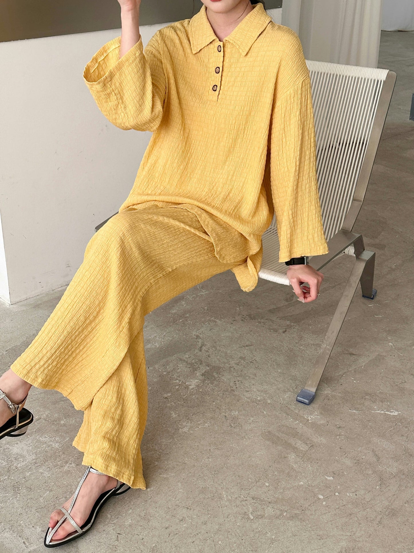 Gigi Textured Summer Co ord Burnt Yellow | New Arrivals | Hassal