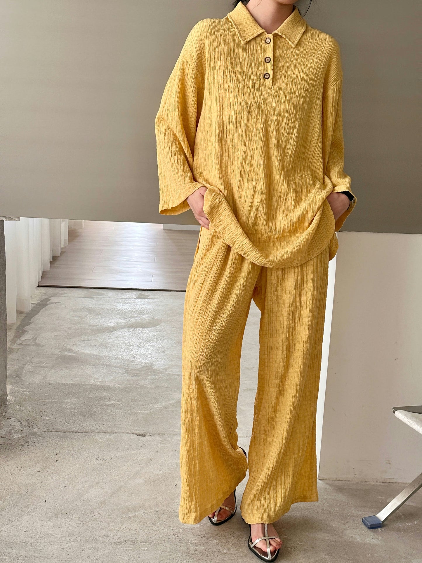 Gigi Textured Summer Co ord Burnt Yellow | New Arrivals | Hassal
