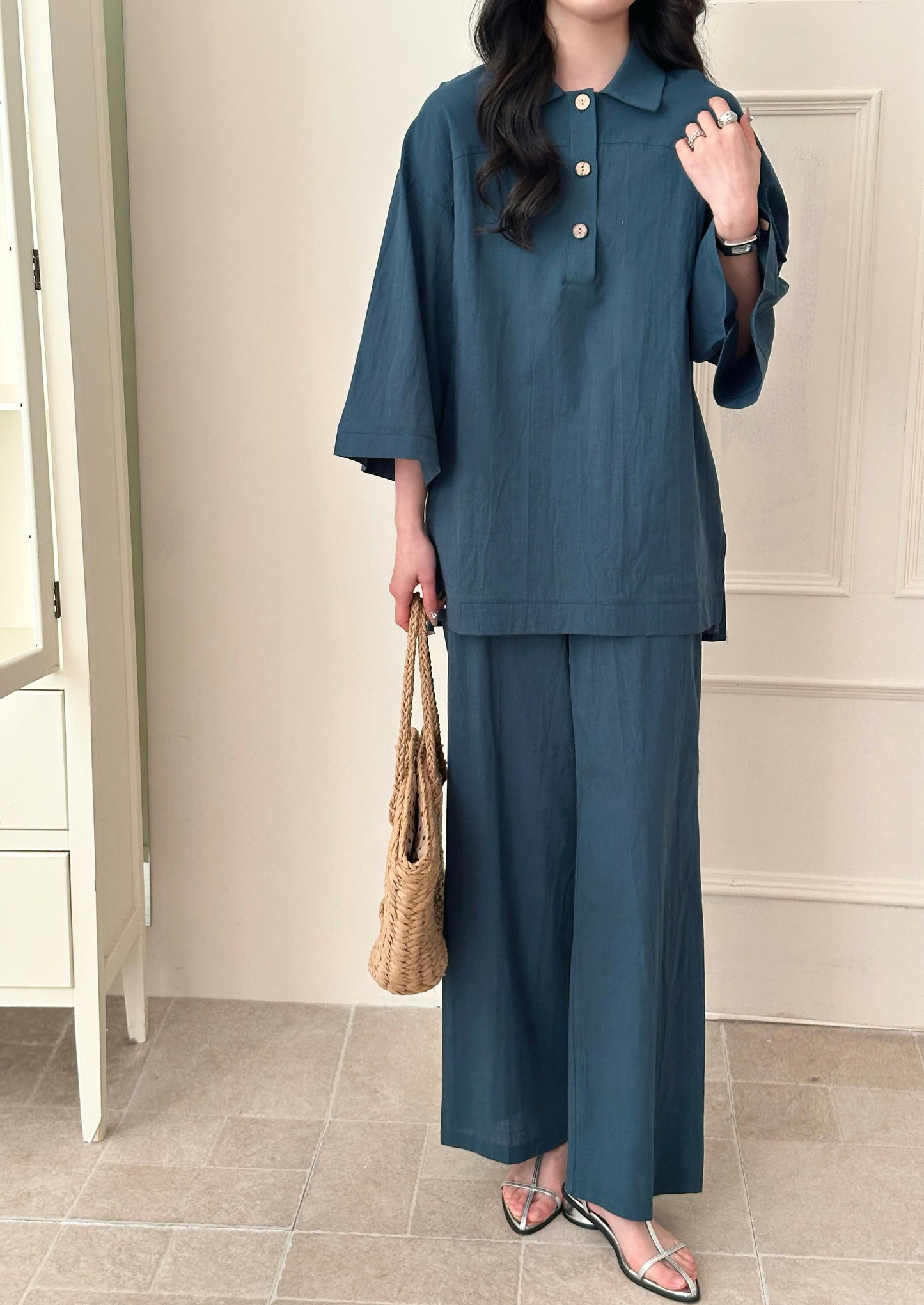 Liggi Cotton Linen Textured Set Dark Teal | New Arrivals | Hassal