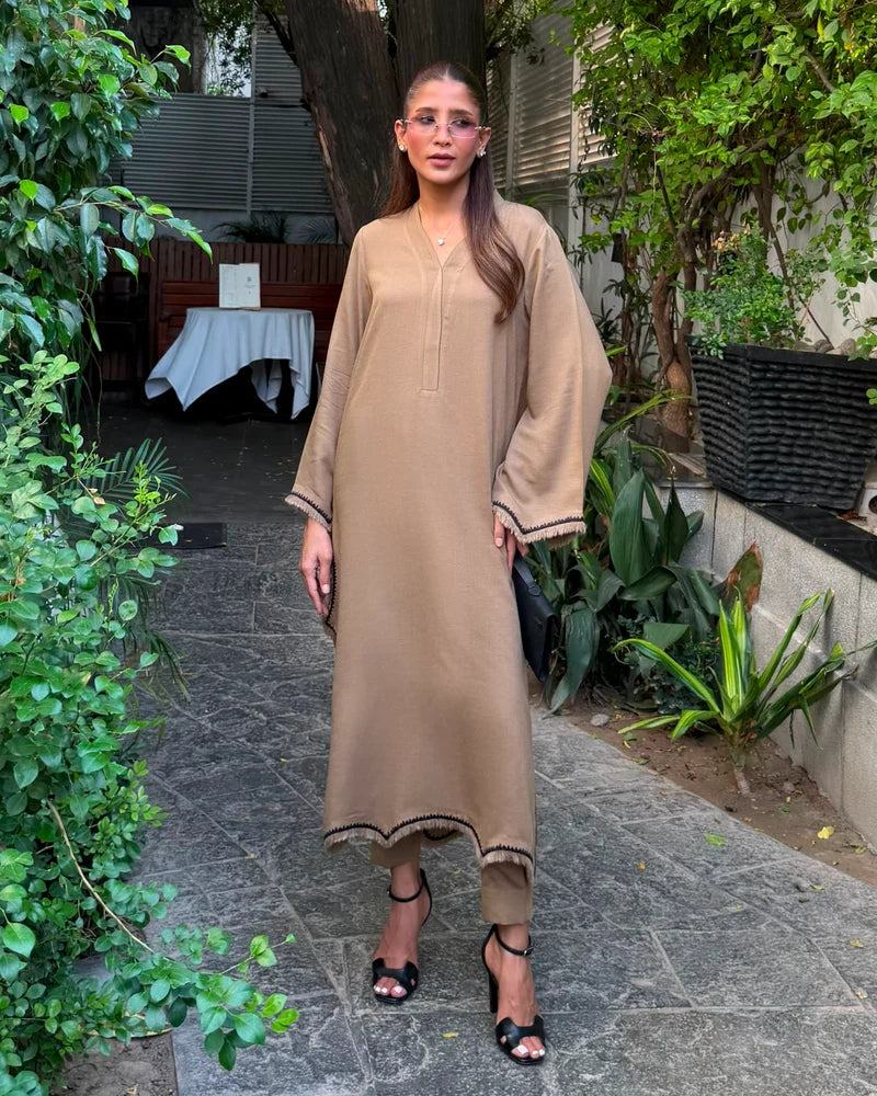 Taupe Karandi Embroided Fringe Set | New Arrivals | LIRA