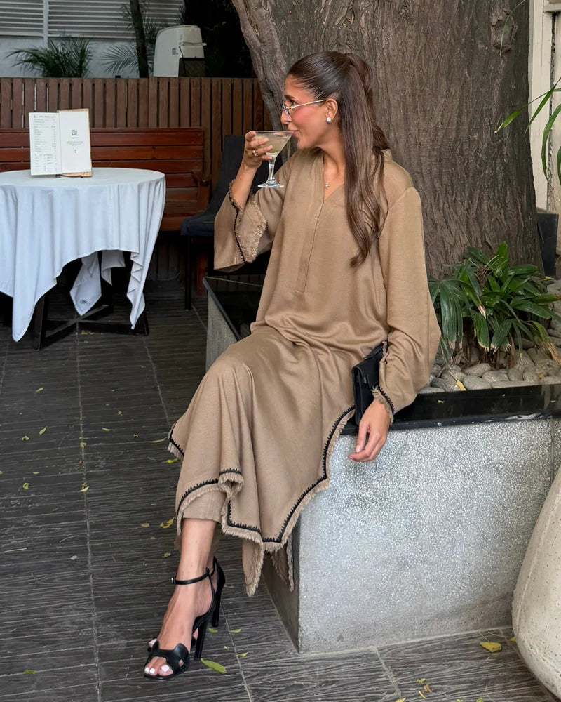 Taupe Karandi Embroided Fringe Set | New Arrivals | LIRA