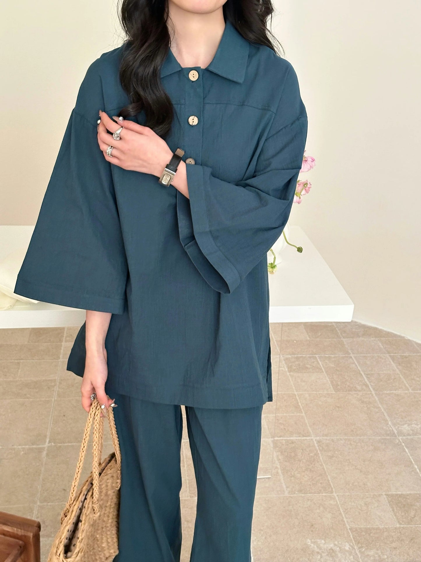 Liggi Cotton Linen Textured Set Dark Teal | New Arrivals | Hassal