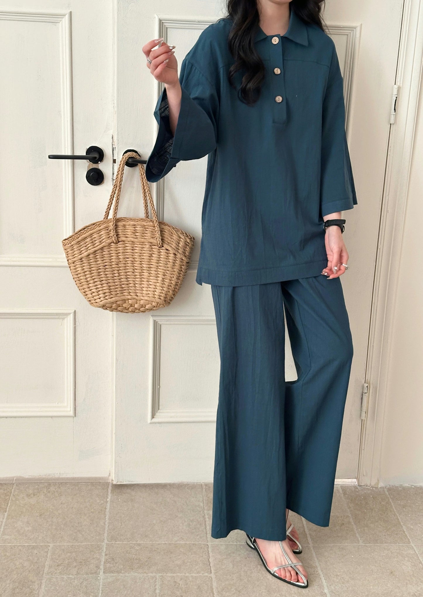 Liggi Cotton Linen Textured Set Dark Teal | New Arrivals | Hassal