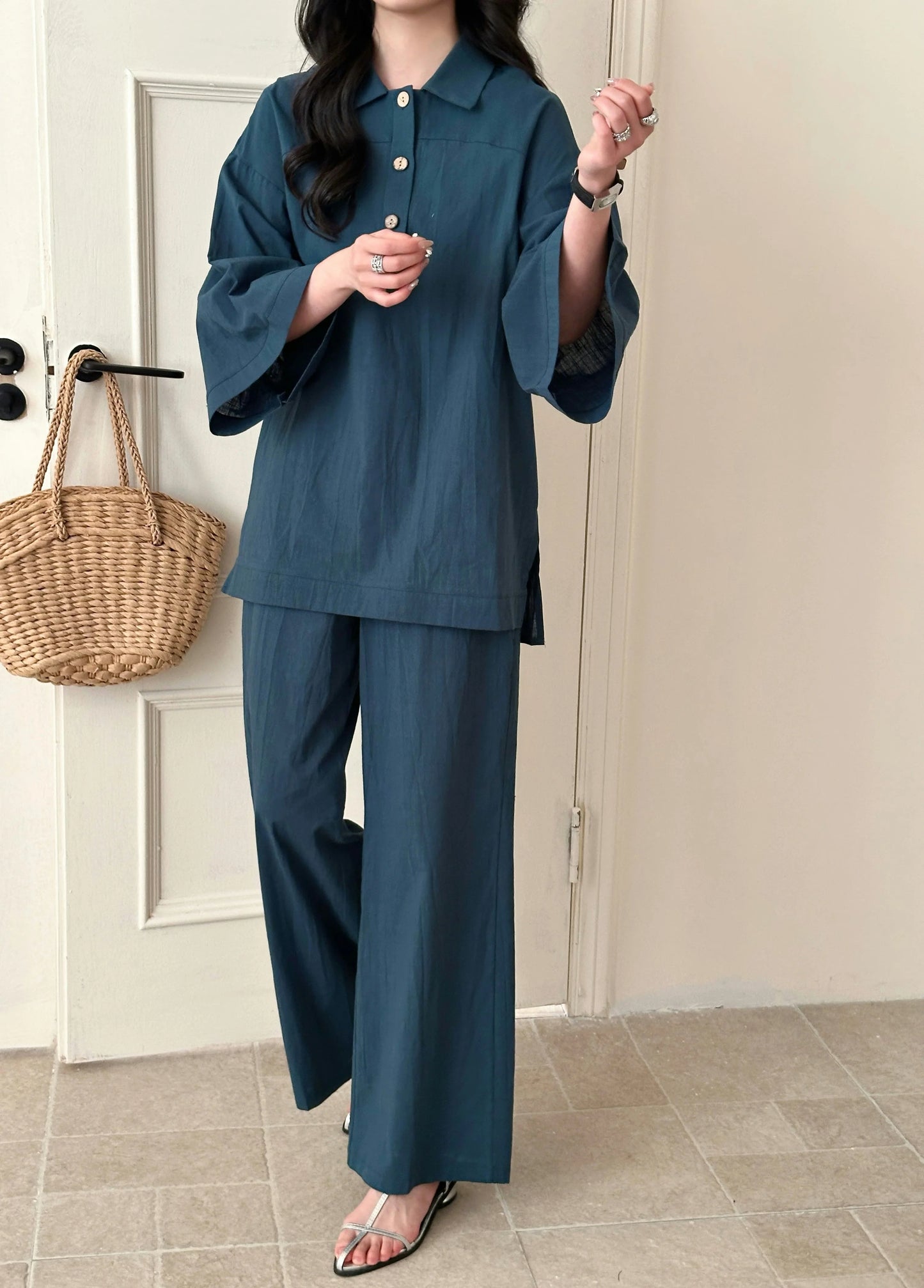 Liggi Cotton Linen Textured Set Dark Teal | New Arrivals | Hassal