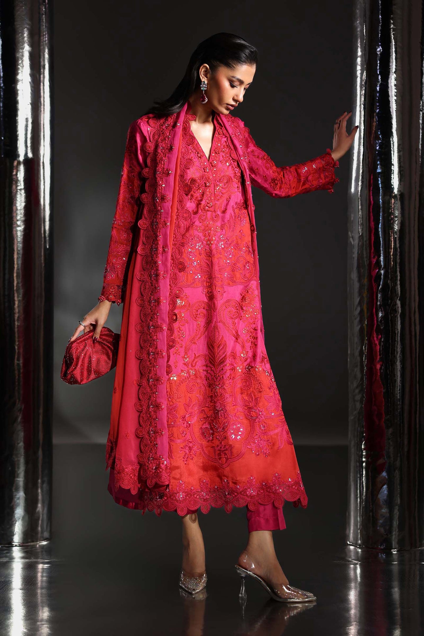 SF-EA26-07-Pink | 3 Piece Embroidered Tissue Silk Suit | MARIA.B