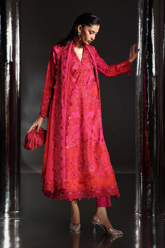 SF-EA26-07-Pink | 3 Piece Embroidered Tissue Silk Suit | MARIA.B