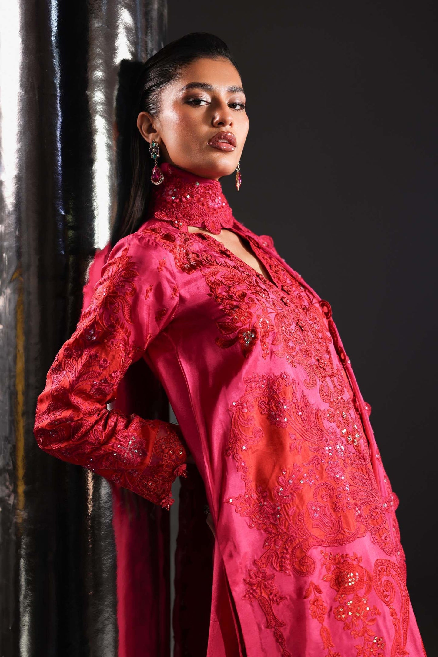 SF-EA26-07-Pink | 3 Piece Embroidered Tissue Silk Suit | MARIA.B