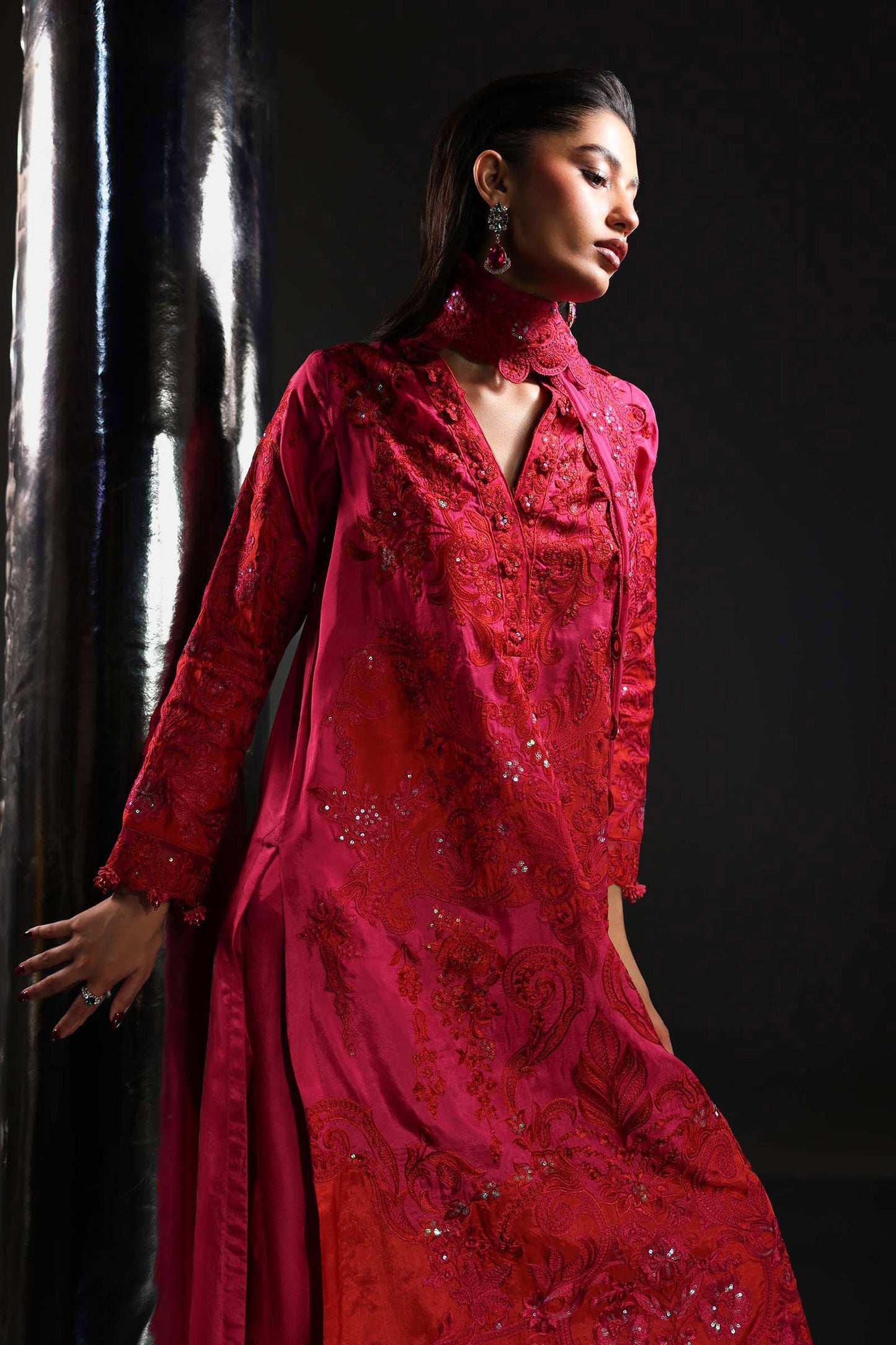 SF-EA26-07-Pink | 3 Piece Embroidered Tissue Silk Suit | MARIA.B