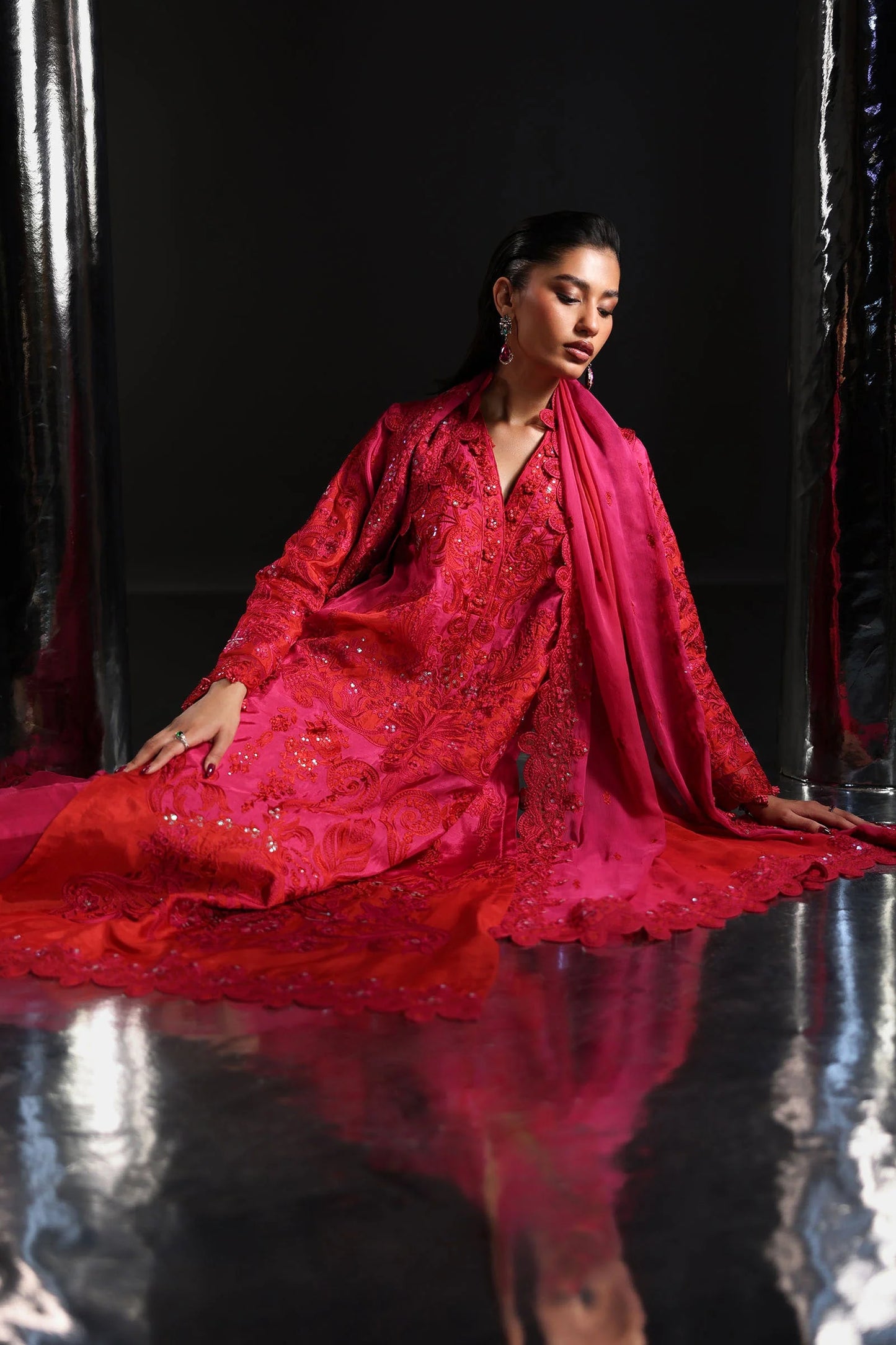 SF-EA26-07-Pink | 3 Piece Embroidered Tissue Silk Suit | MARIA.B