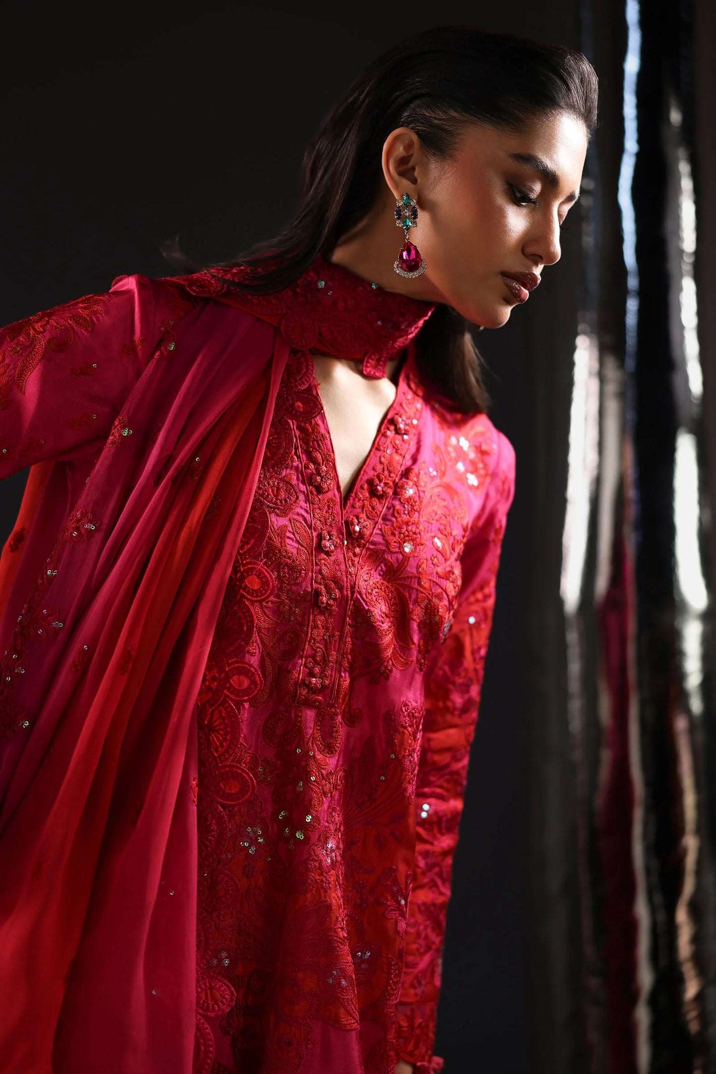 SF-EA26-07-Pink | 3 Piece Embroidered Tissue Silk Suit | MARIA.B