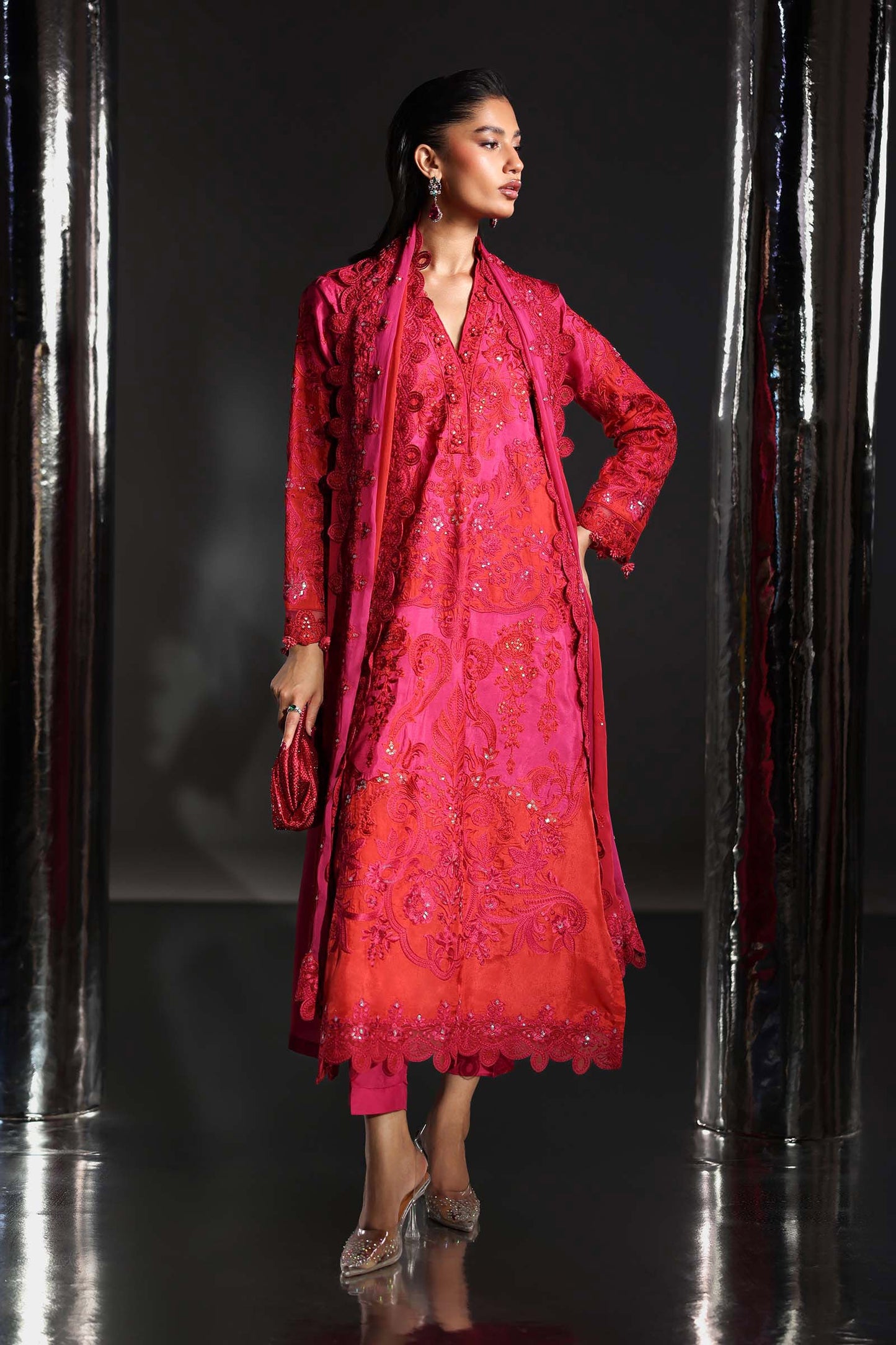 SF-EA26-07-Pink | 3 Piece Embroidered Tissue Silk Suit | MARIA.B