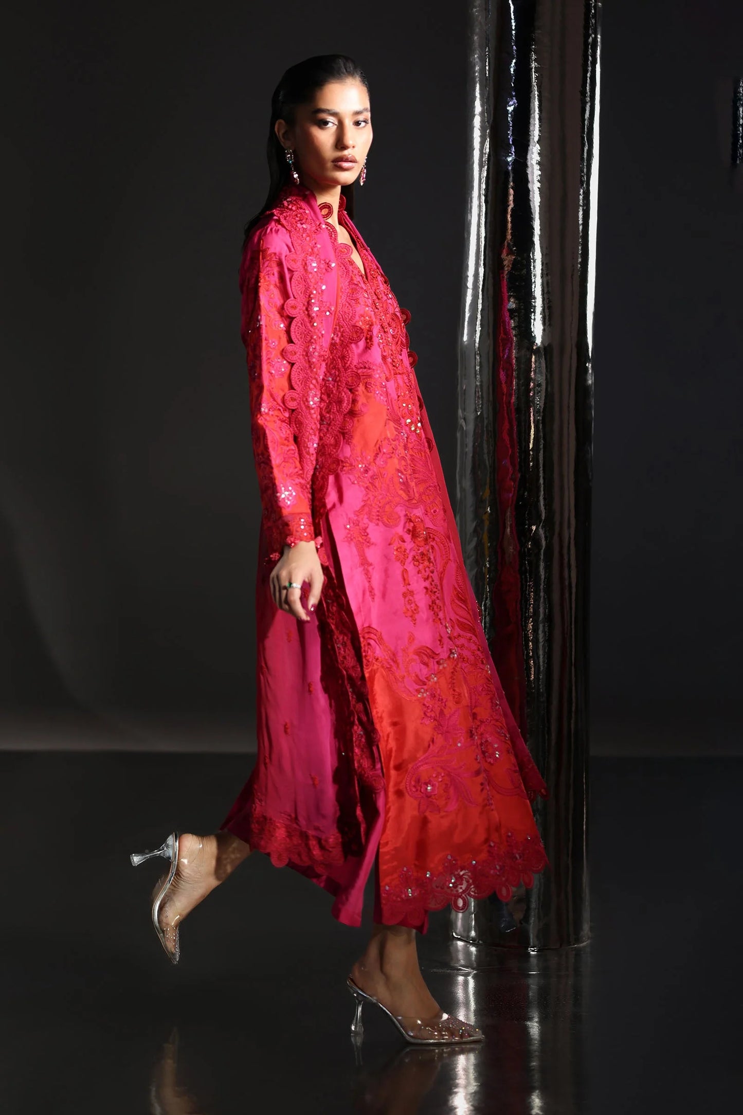 SF-EA26-07-Pink | 3 Piece Embroidered Tissue Silk Suit | MARIA.B
