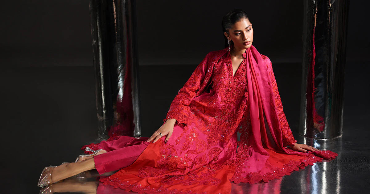 SF-EA26-07-Pink | 3 Piece Embroidered Tissue Silk Suit | MARIA.B