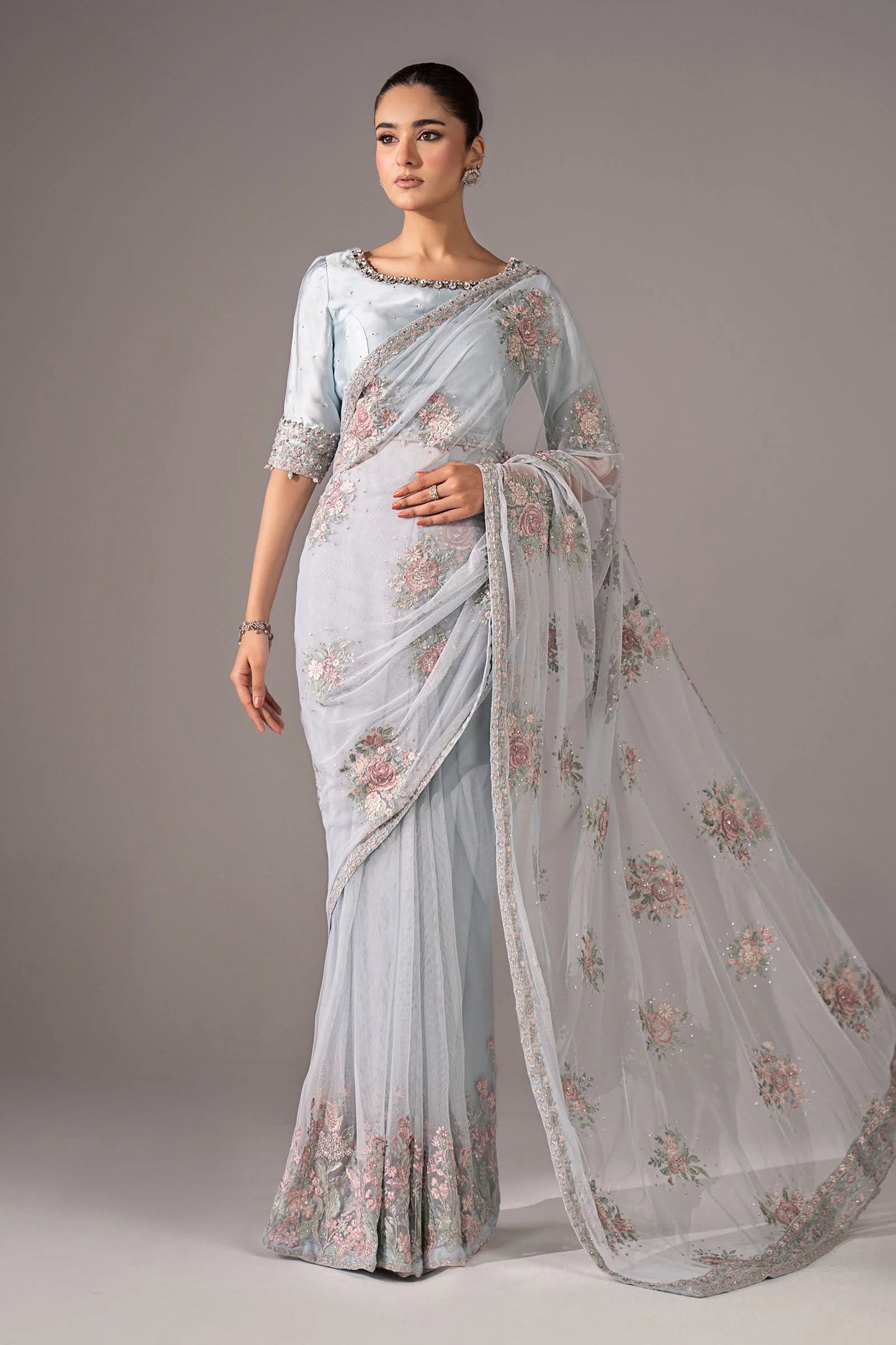 SF-EF26-56-Sky Blue | Embroidered Chiffon Saree | MARIA.B