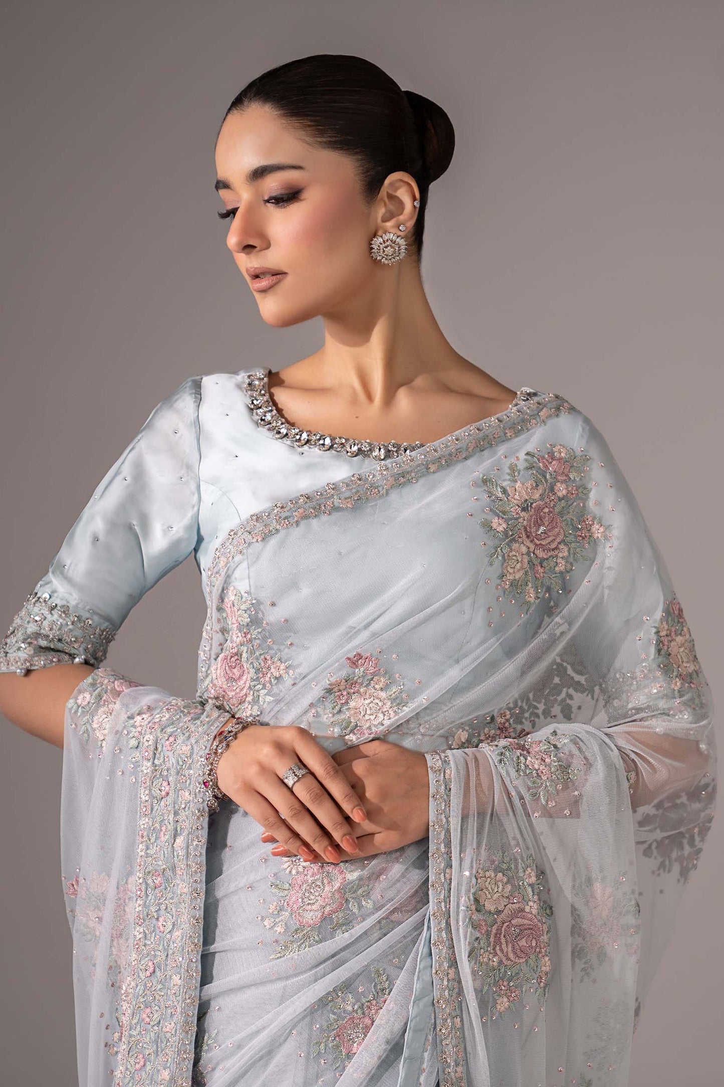 SF-EF26-56-Sky Blue | Embroidered Chiffon Saree | MARIA.B