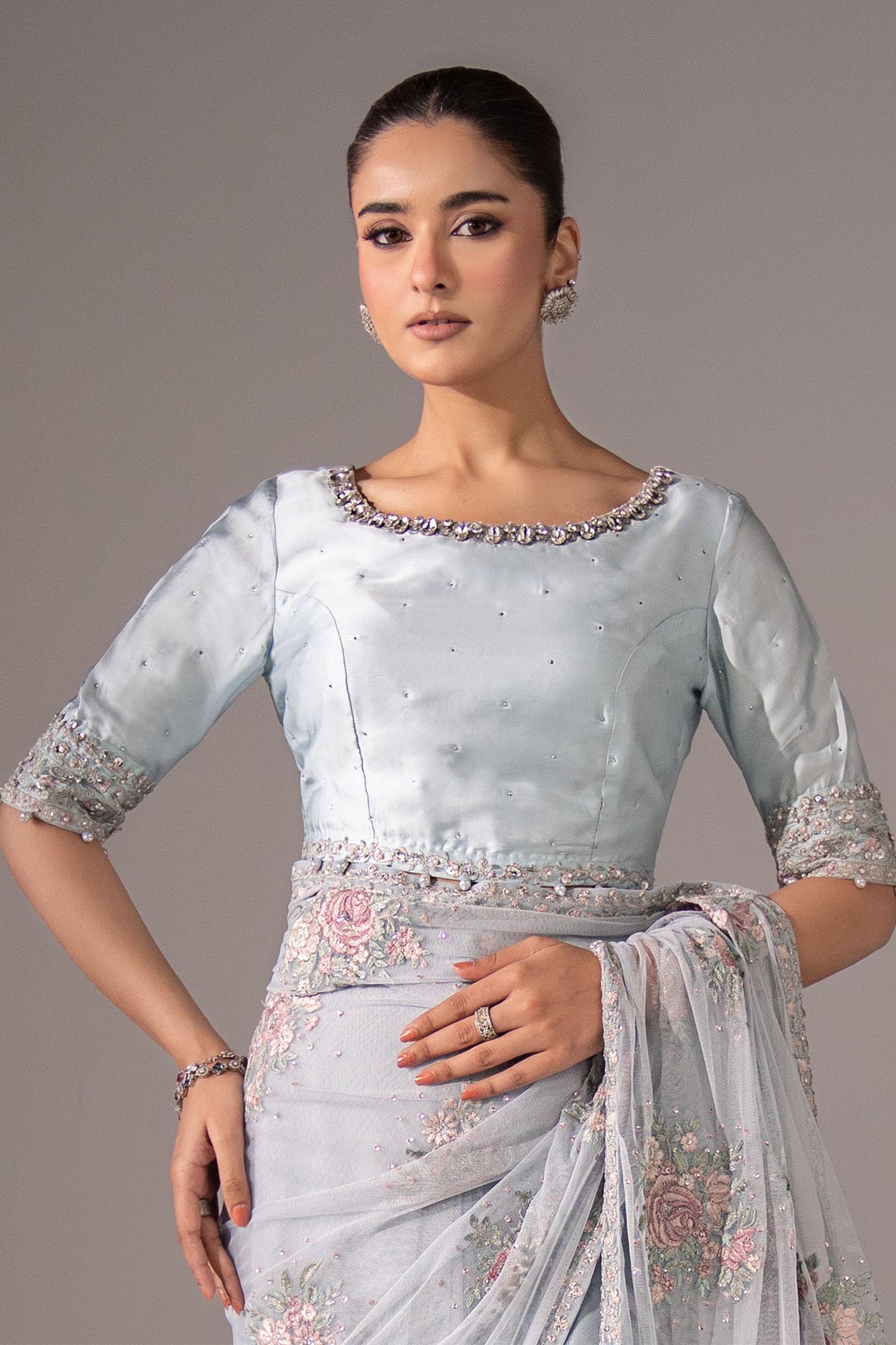 SF-EF26-56-Sky Blue | Embroidered Chiffon Saree | MARIA.B
