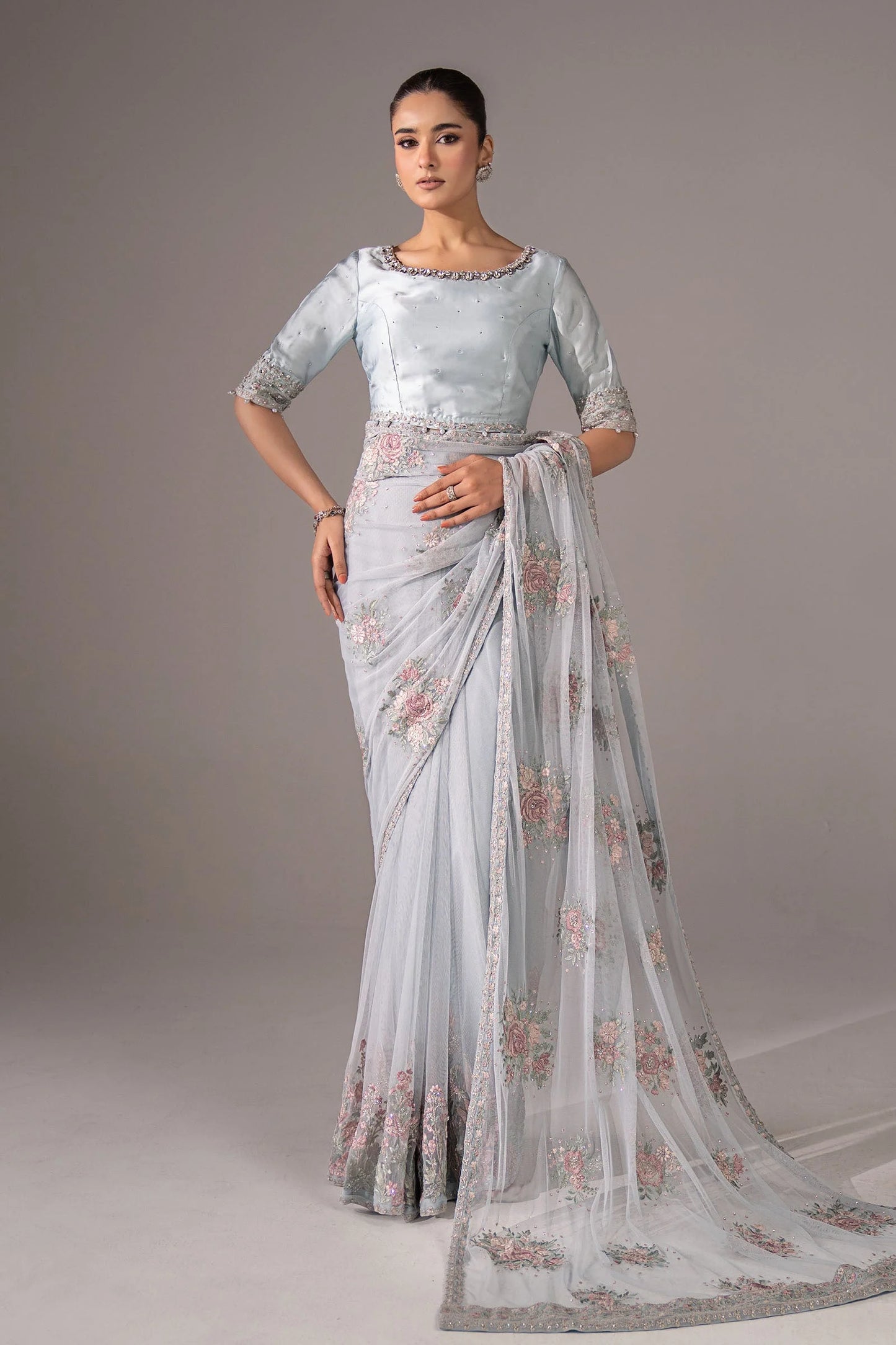 SF-EF26-56-Sky Blue | Embroidered Chiffon Saree | MARIA.B