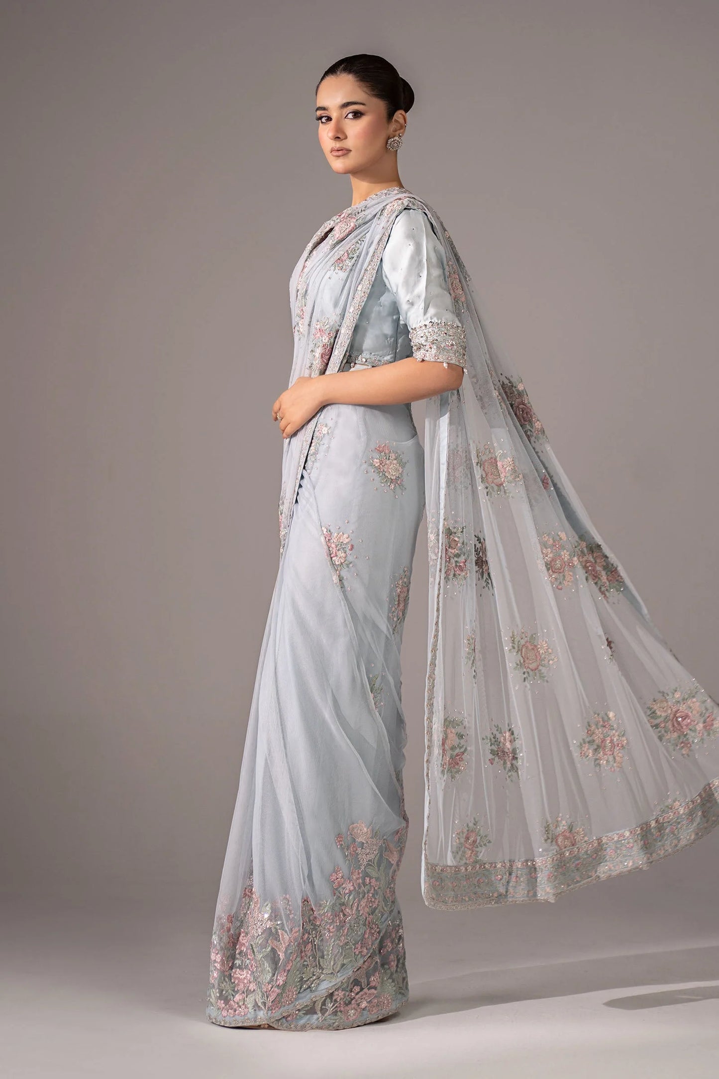 SF-EF26-56-Sky Blue | Embroidered Chiffon Saree | MARIA.B