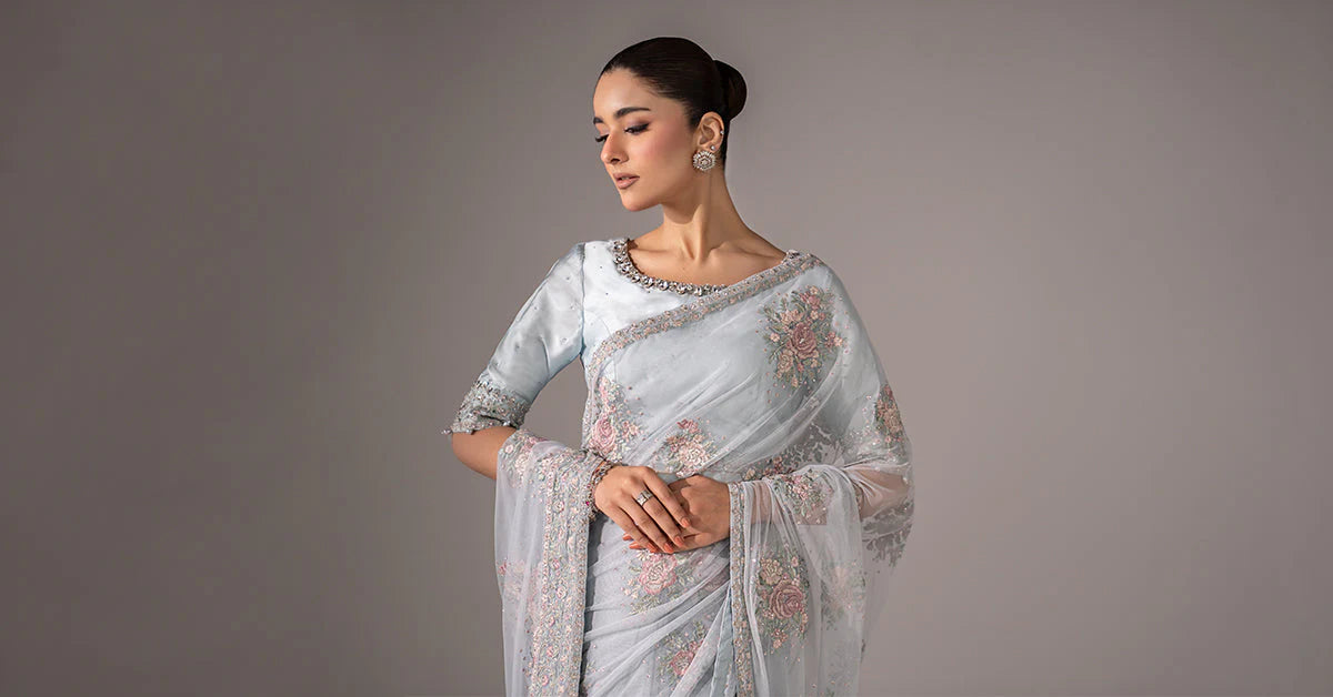 SF-EF26-56-Sky Blue | Embroidered Chiffon Saree | MARIA.B