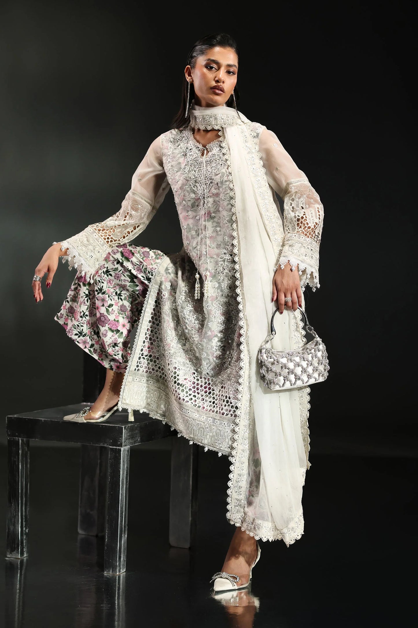 SF-EA26-11-Off White | 3 Piece Embroidered Organza Suit | MARIA.B