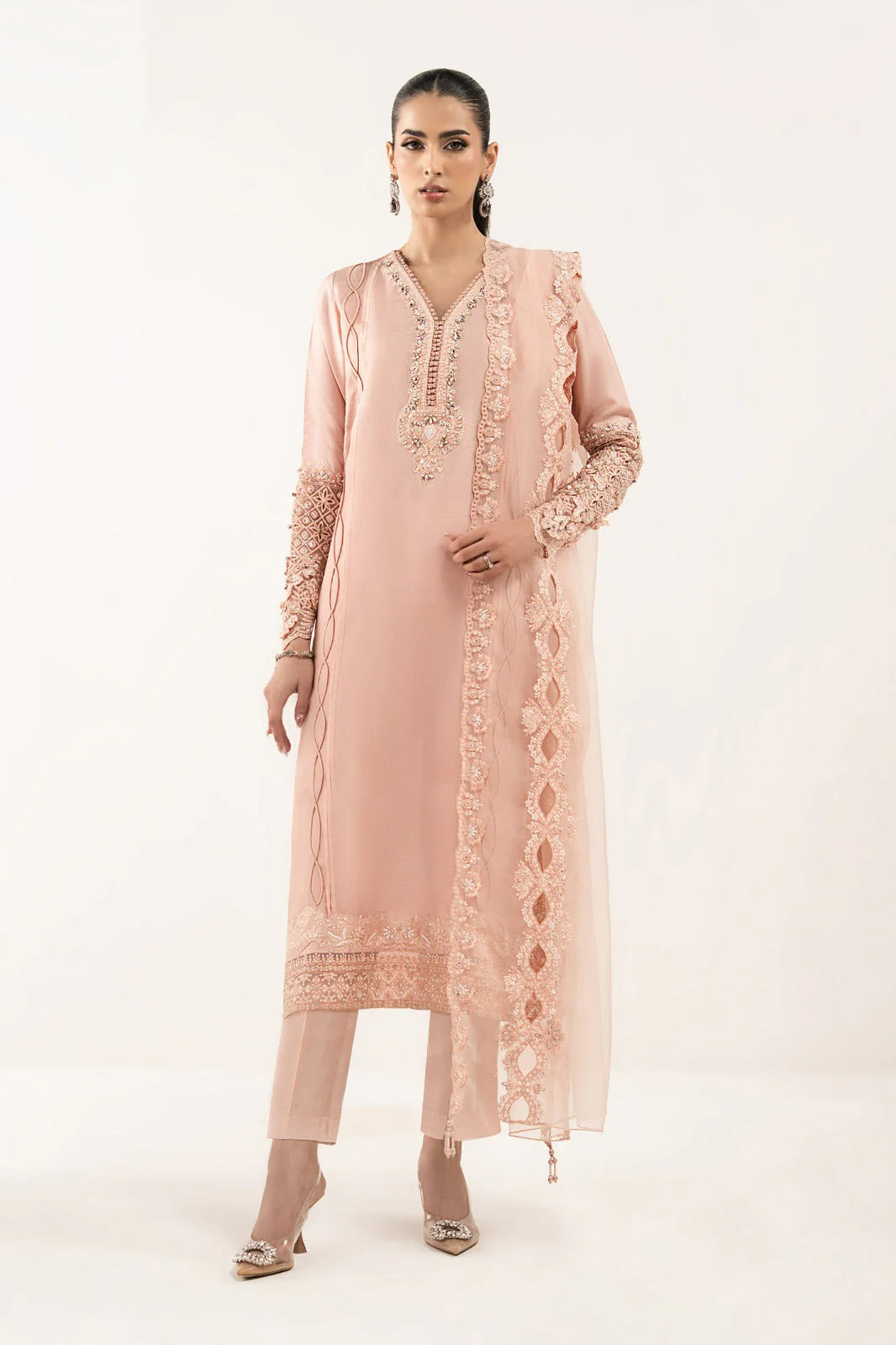 SF-EF26-26-Pink | 3 Piece Embroidered Organza Suit | MARIA.B