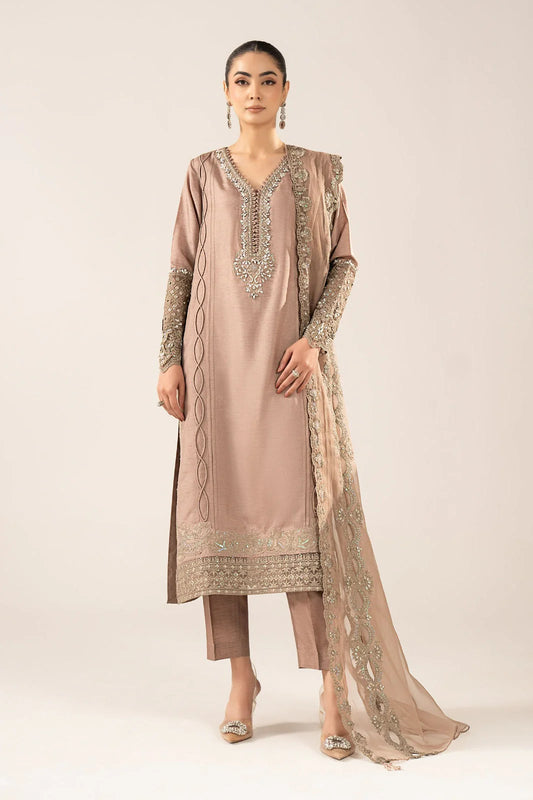 SF-EF26-26-Coffee | 3 Piece Embroidered Raw Silk Suit | MARIA.B