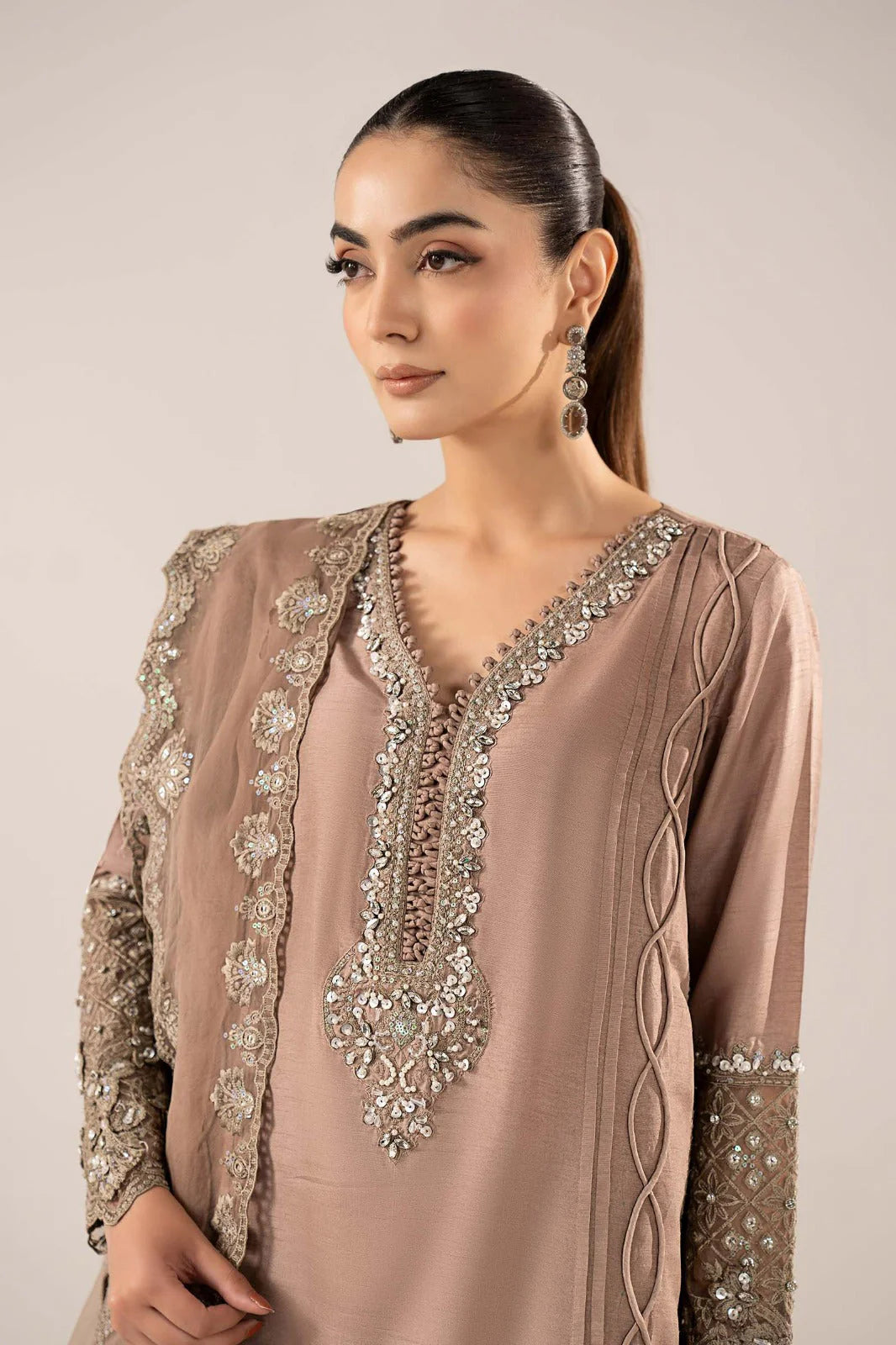 SF-EF26-26-Coffee | 3 Piece Embroidered Raw Silk Suit | MARIA.B