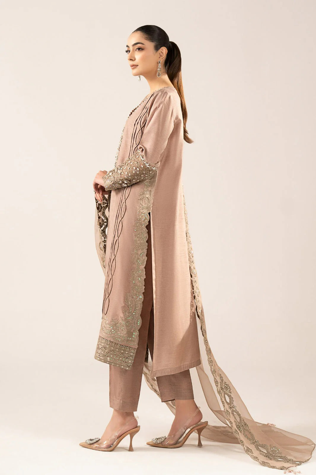 SF-EF26-26-Coffee | 3 Piece Embroidered Raw Silk Suit | MARIA.B