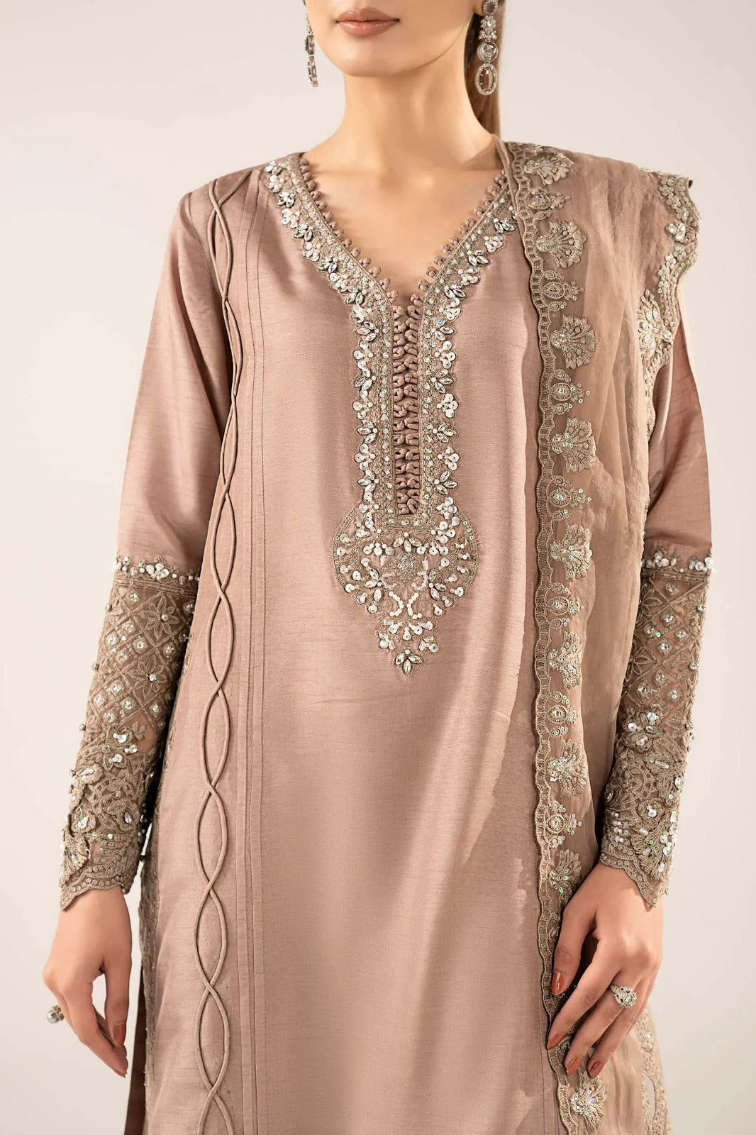 SF-EF26-26-Coffee | 3 Piece Embroidered Raw Silk Suit | MARIA.B