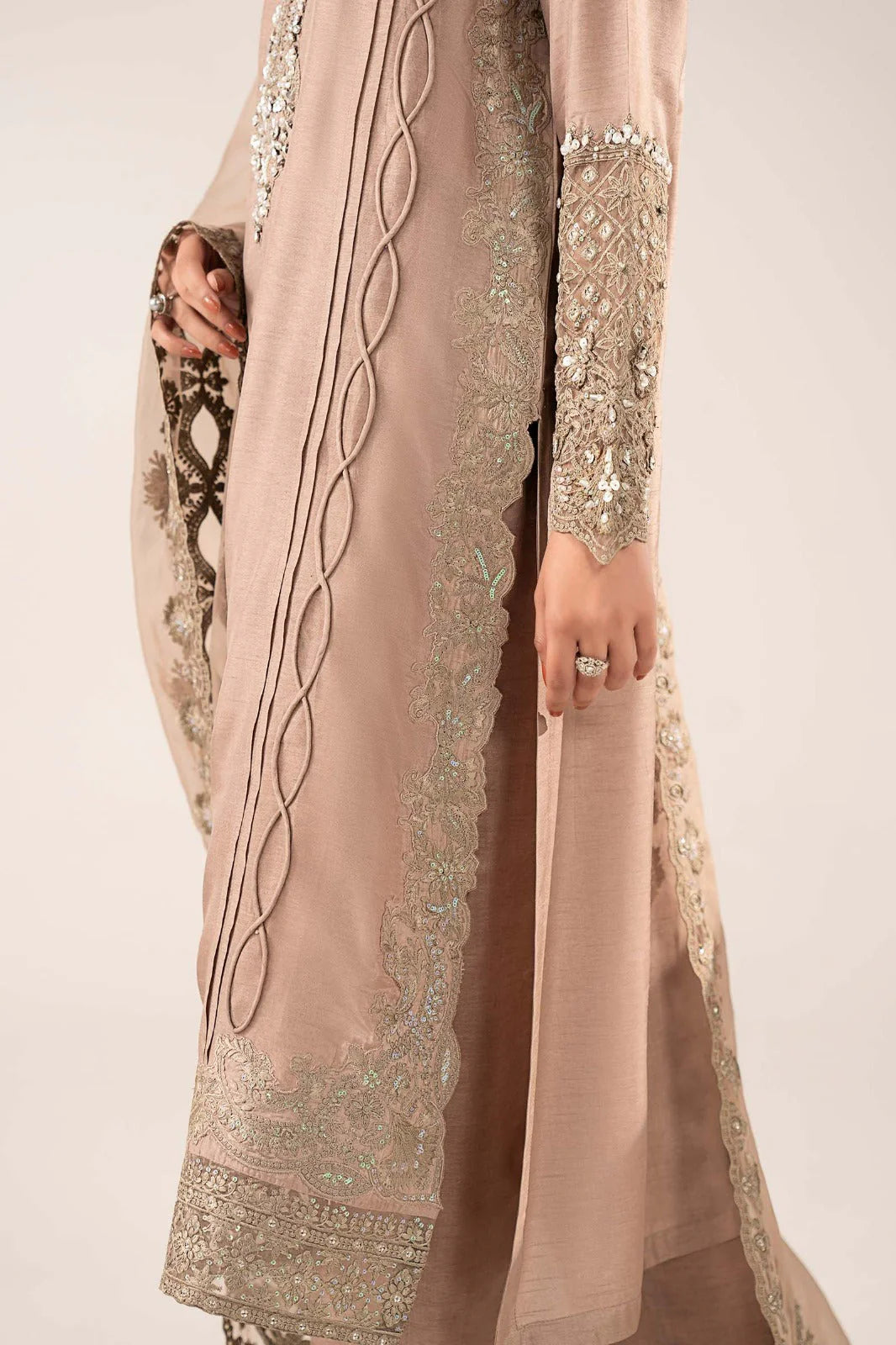 SF-EF26-26-Coffee | 3 Piece Embroidered Raw Silk Suit | MARIA.B