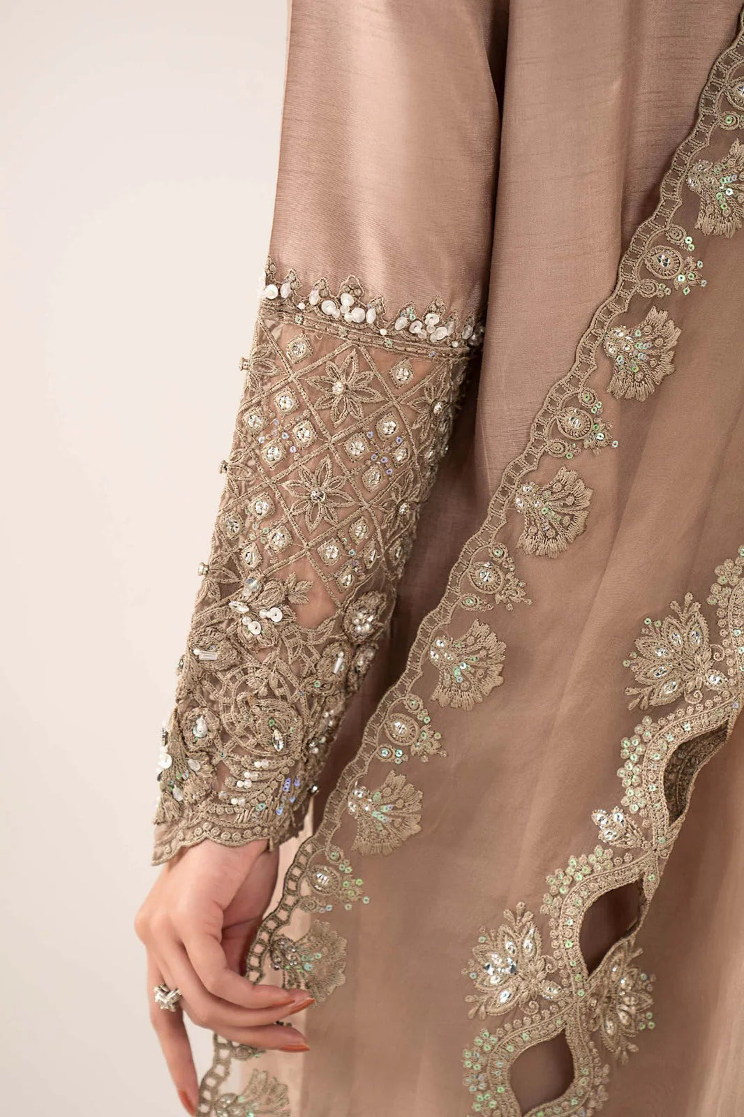 SF-EF26-26-Coffee | 3 Piece Embroidered Raw Silk Suit | MARIA.B