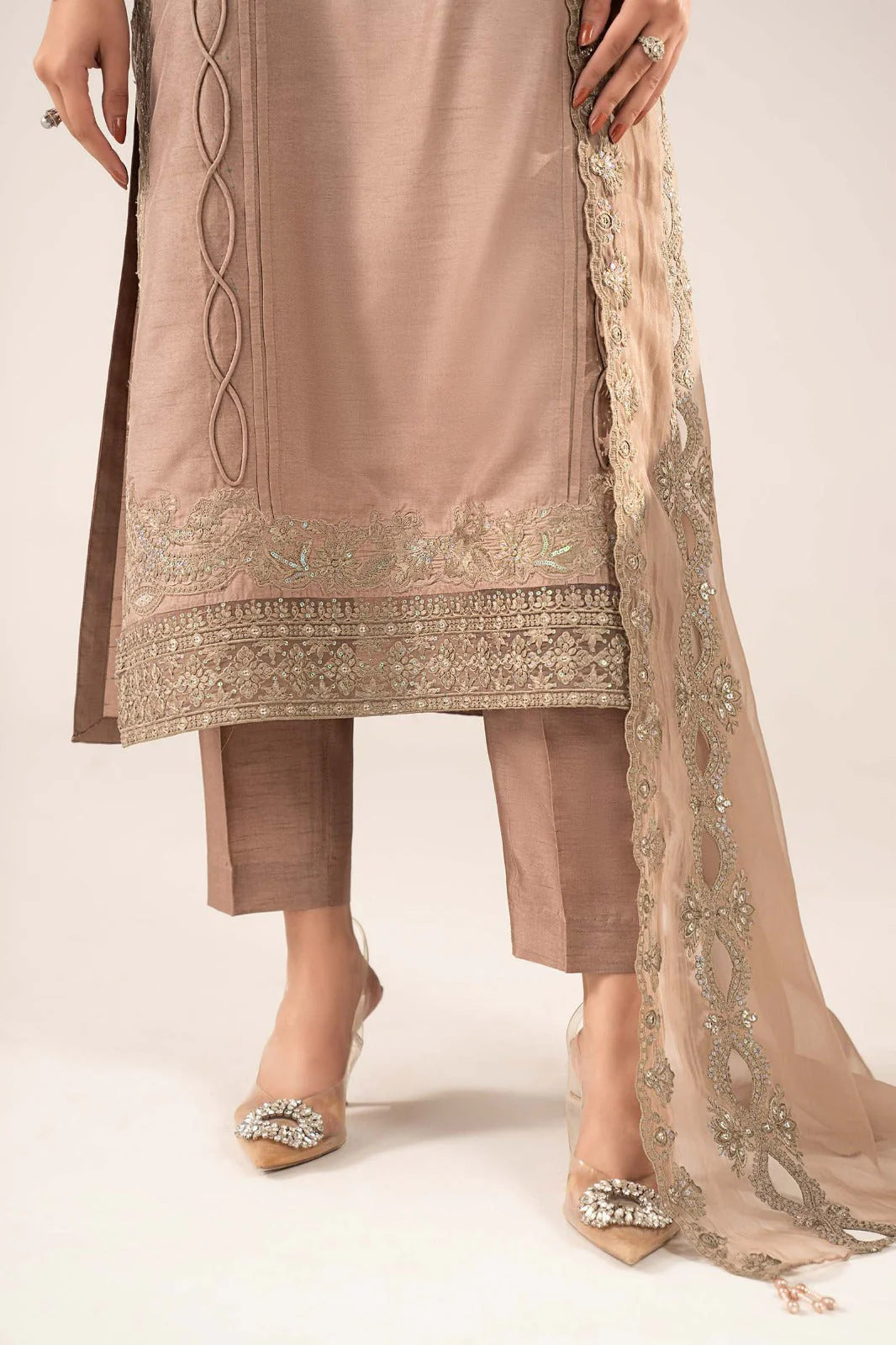 SF-EF26-26-Coffee | 3 Piece Embroidered Raw Silk Suit | MARIA.B