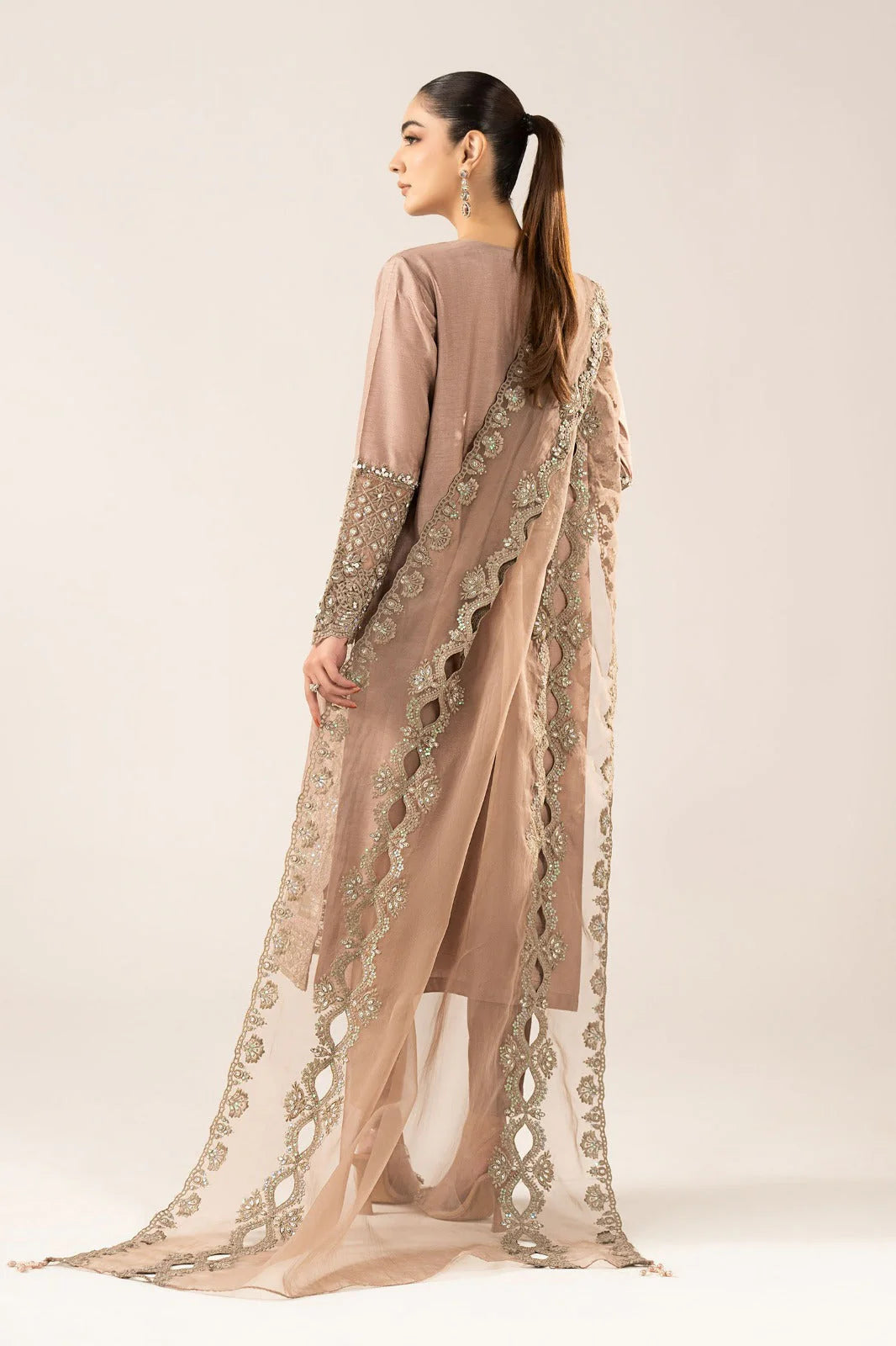 SF-EF26-26-Coffee | 3 Piece Embroidered Raw Silk Suit | MARIA.B