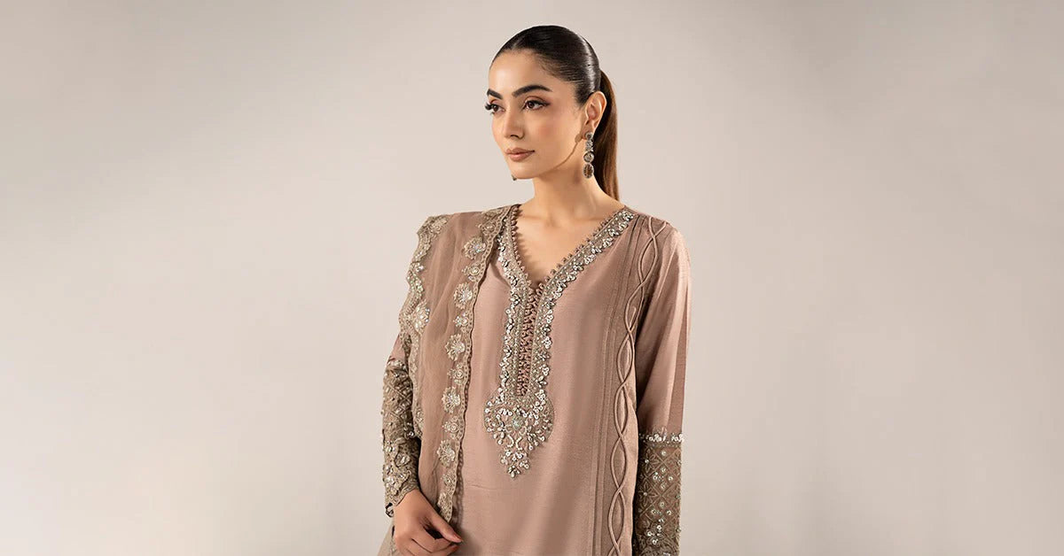 SF-EF26-26-Coffee | 3 Piece Embroidered Raw Silk Suit | MARIA.B