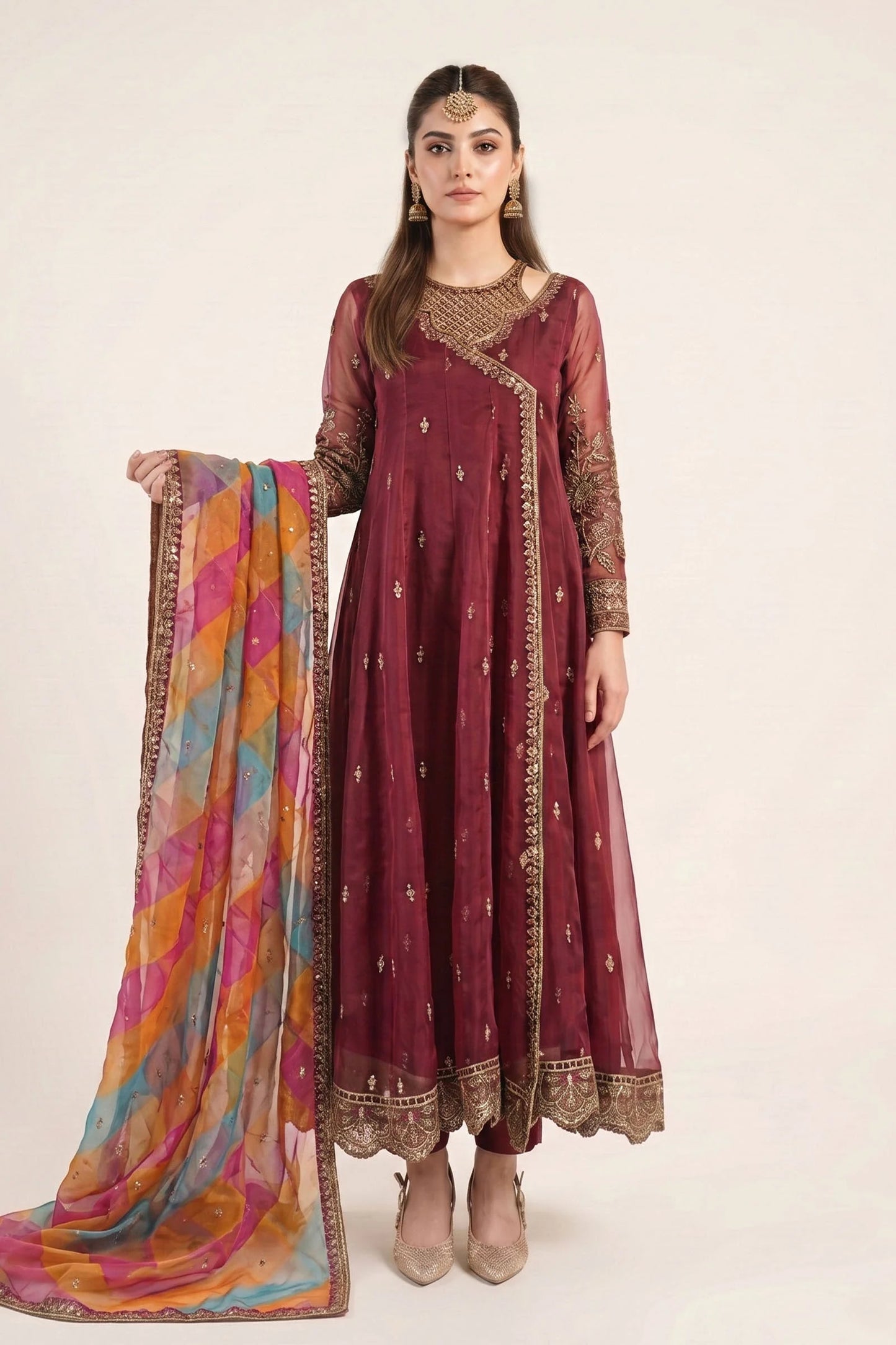 SF-EF26-08-Maroon | 3 Piece Embroidered Raw Silk Suit | MARIA.B