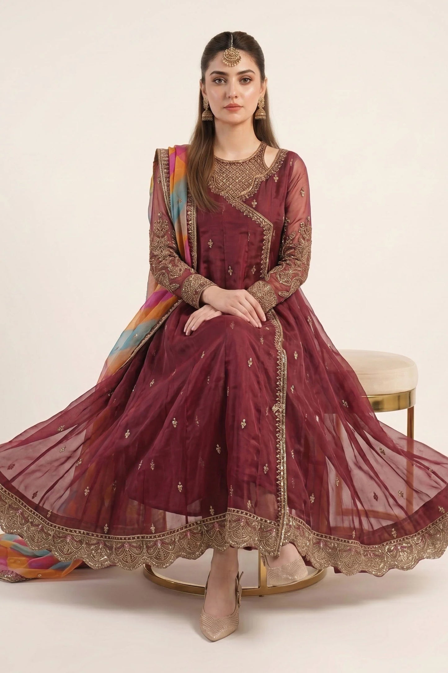 SF-EF26-08-Maroon | 3 Piece Embroidered Raw Silk Suit | MARIA.B