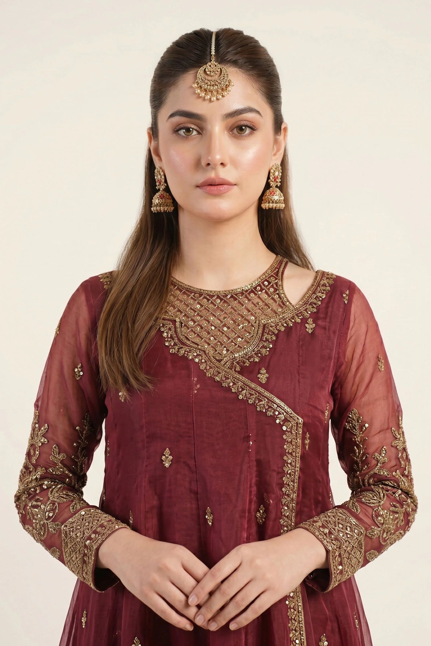 SF-EF26-08-Maroon | 3 Piece Embroidered Raw Silk Suit | MARIA.B