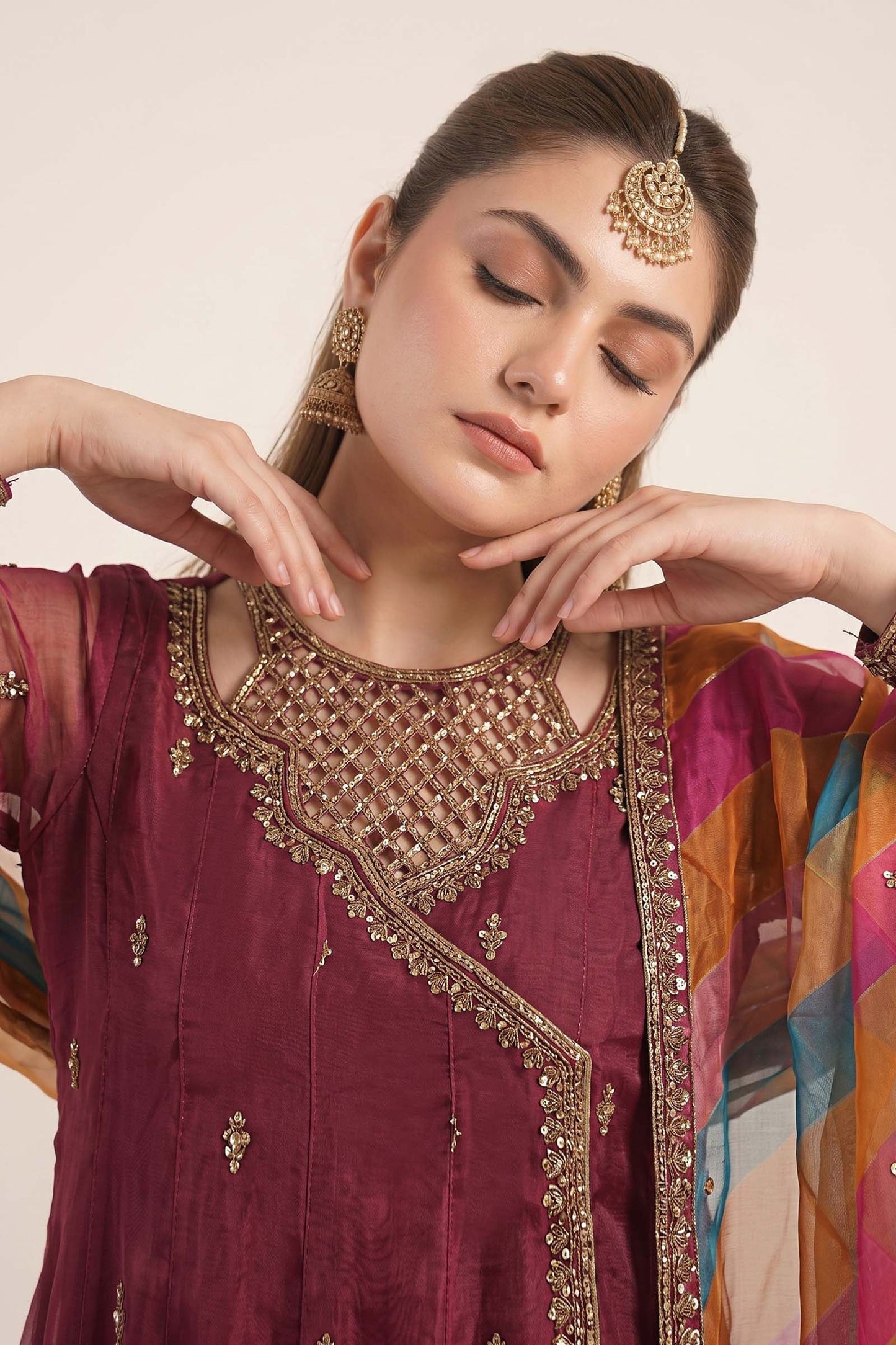 SF-EF26-08-Maroon | 3 Piece Embroidered Raw Silk Suit | MARIA.B