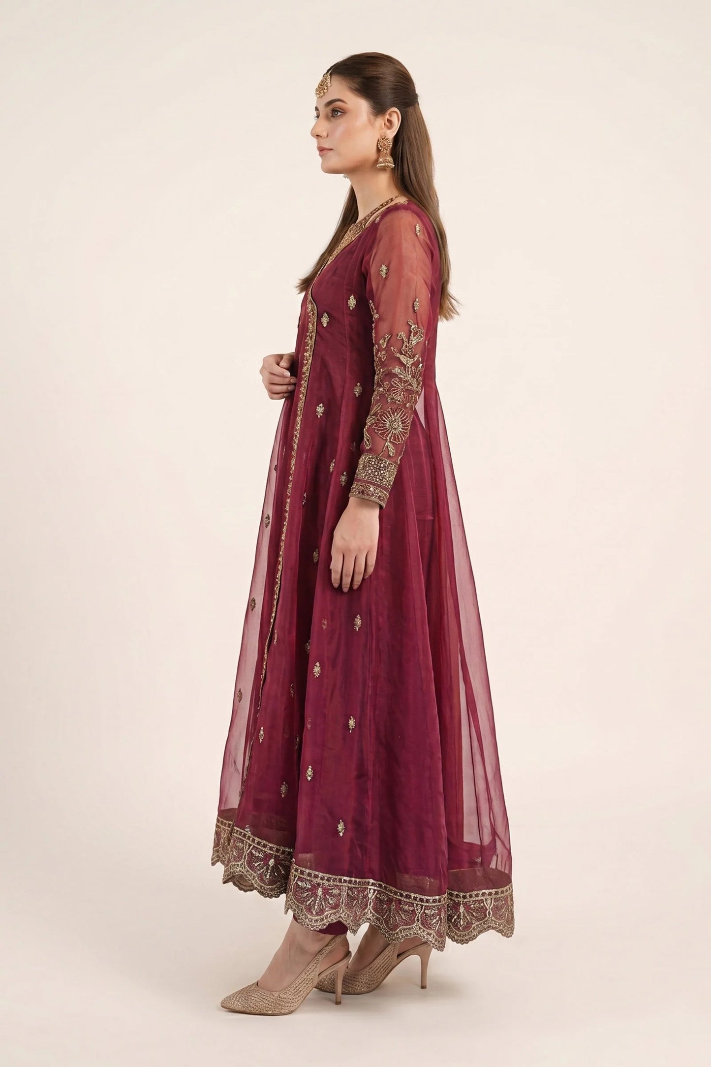 SF-EF26-08-Maroon | 3 Piece Embroidered Raw Silk Suit | MARIA.B