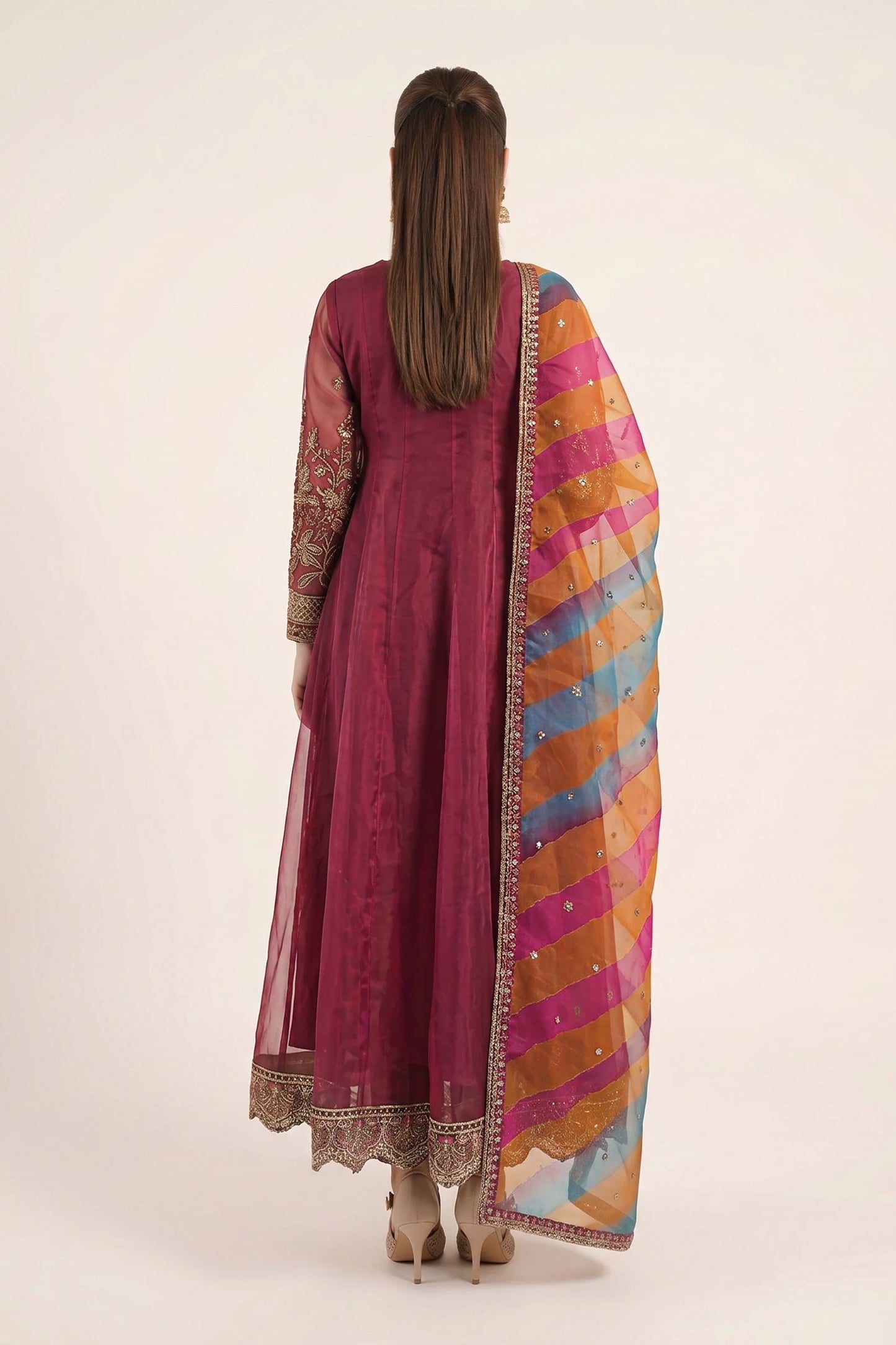 SF-EF26-08-Maroon | 3 Piece Embroidered Raw Silk Suit | MARIA.B