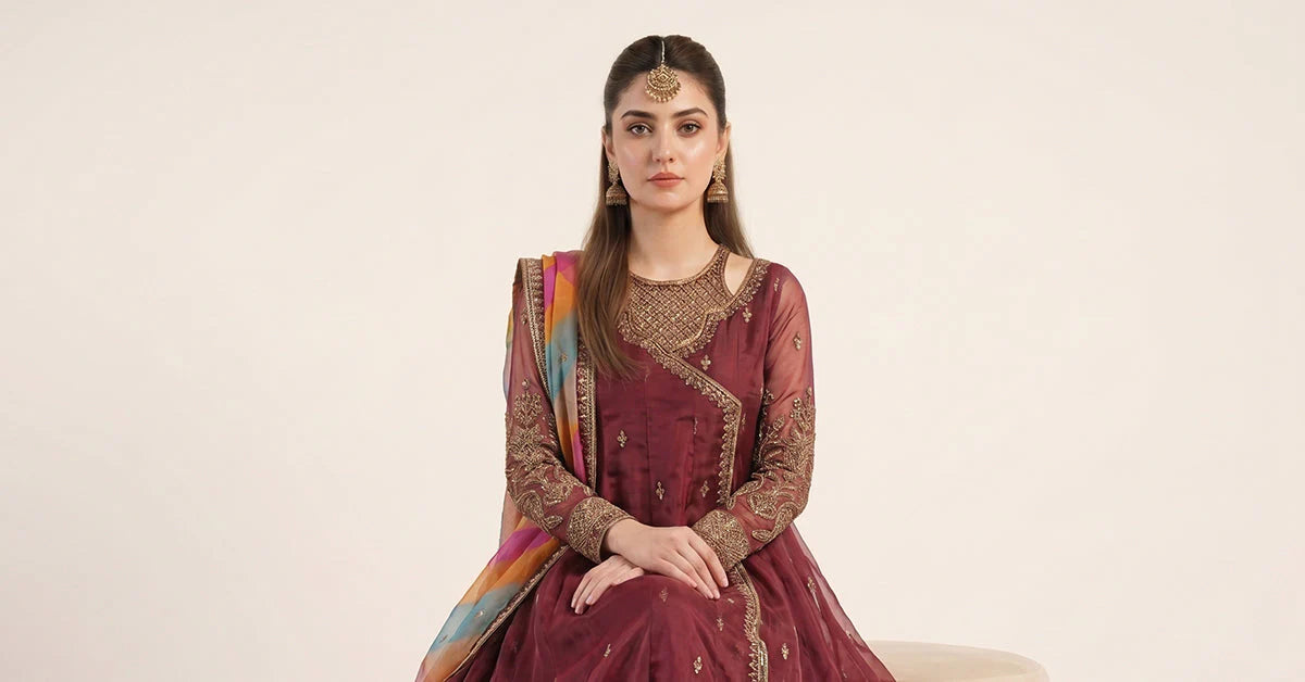 SF-EF26-08-Maroon | 3 Piece Embroidered Raw Silk Suit | MARIA.B