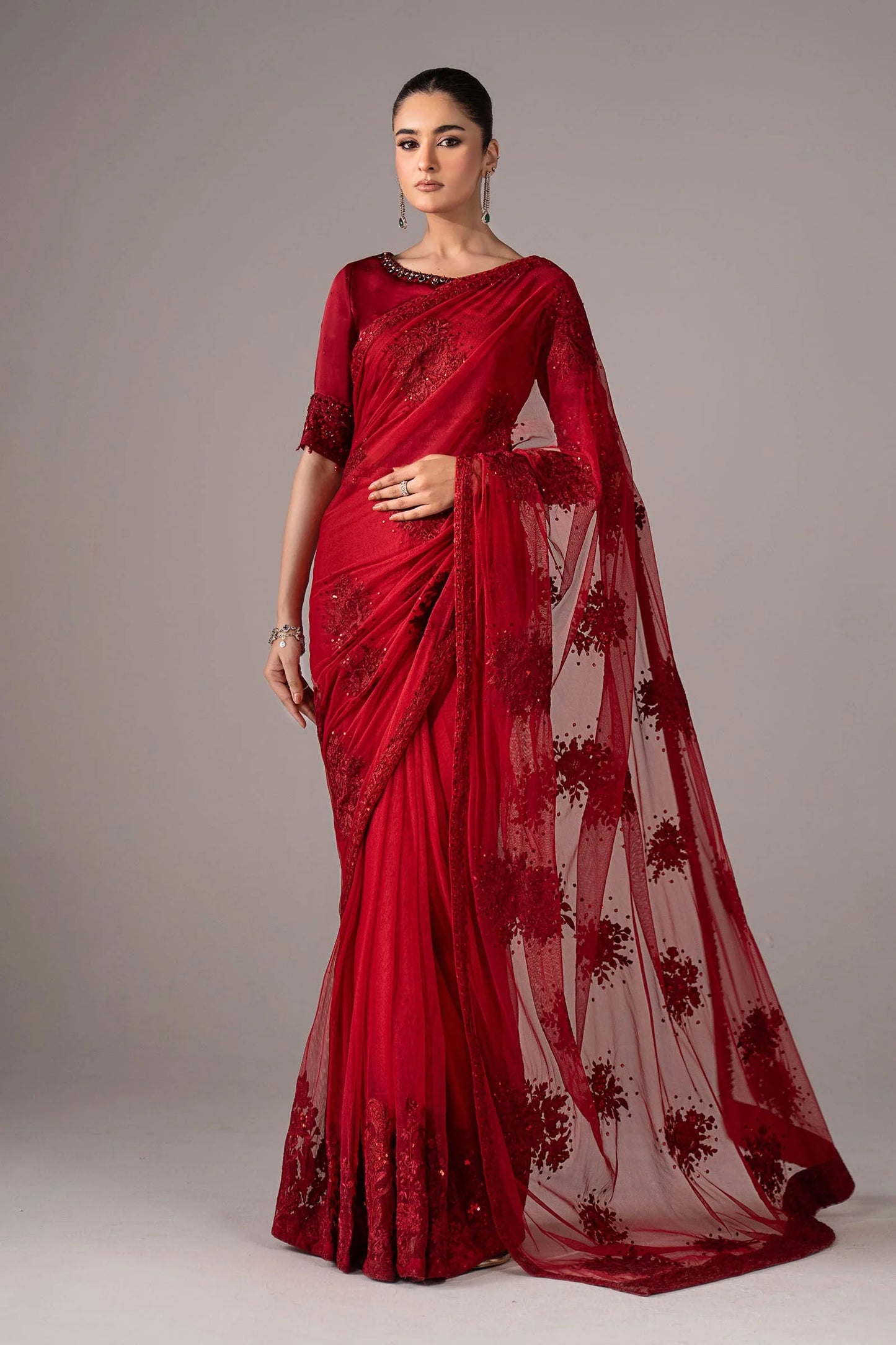 SF-EF26-56-Red | Embroidered Chiffon Saree | MARIA.B
