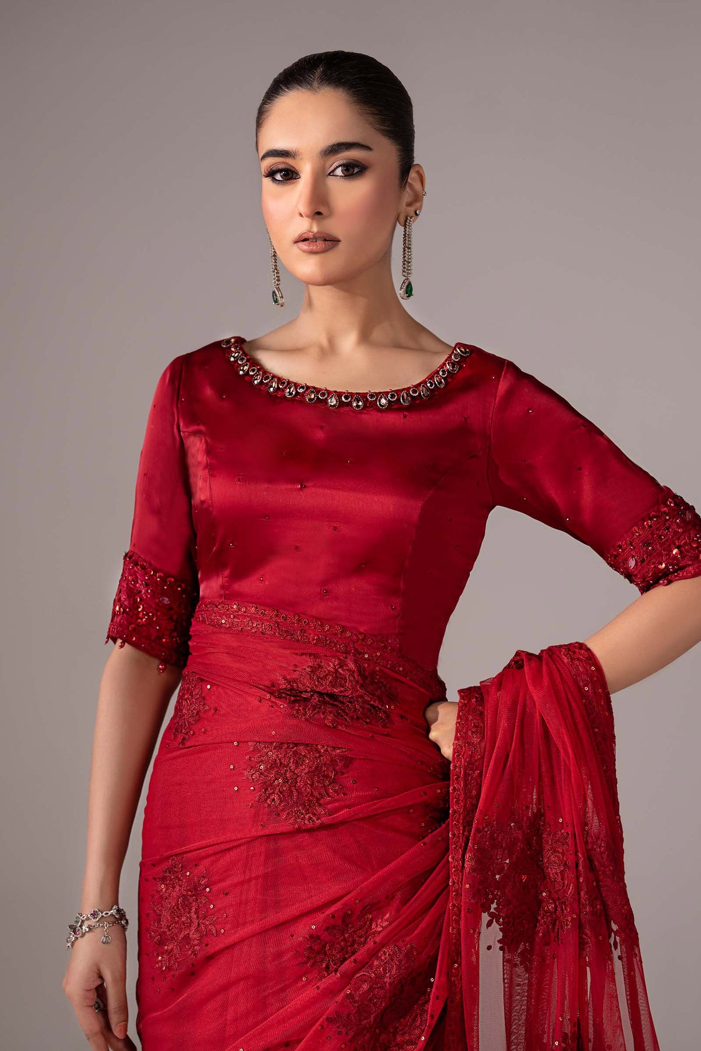 SF-EF26-56-Red | Embroidered Chiffon Saree | MARIA.B