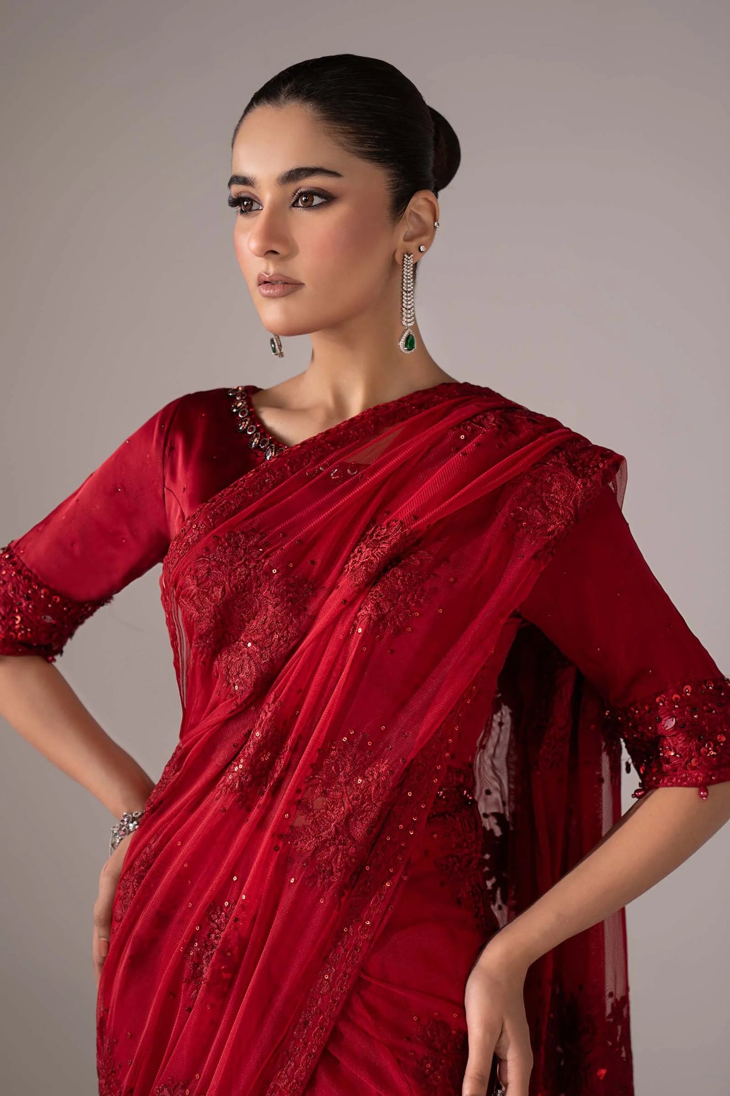 SF-EF26-56-Red | Embroidered Chiffon Saree | MARIA.B