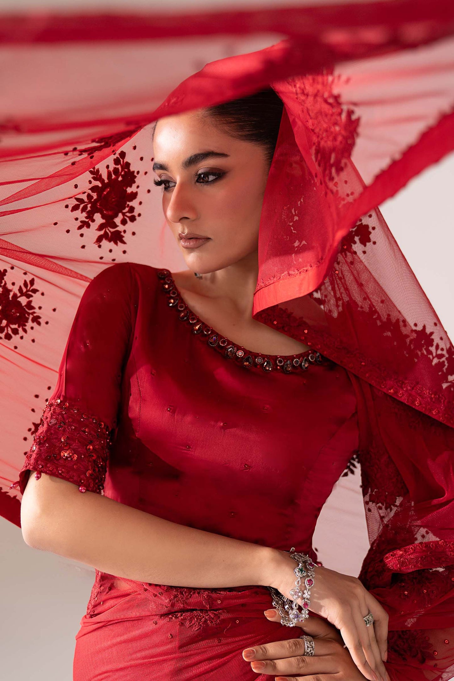SF-EF26-56-Red | Embroidered Chiffon Saree | MARIA.B