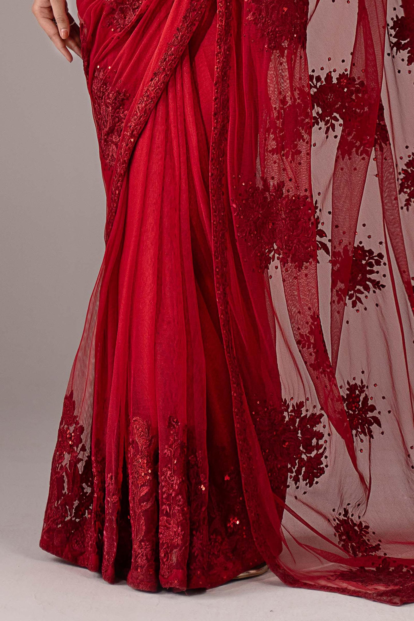 SF-EF26-56-Red | Embroidered Chiffon Saree | MARIA.B