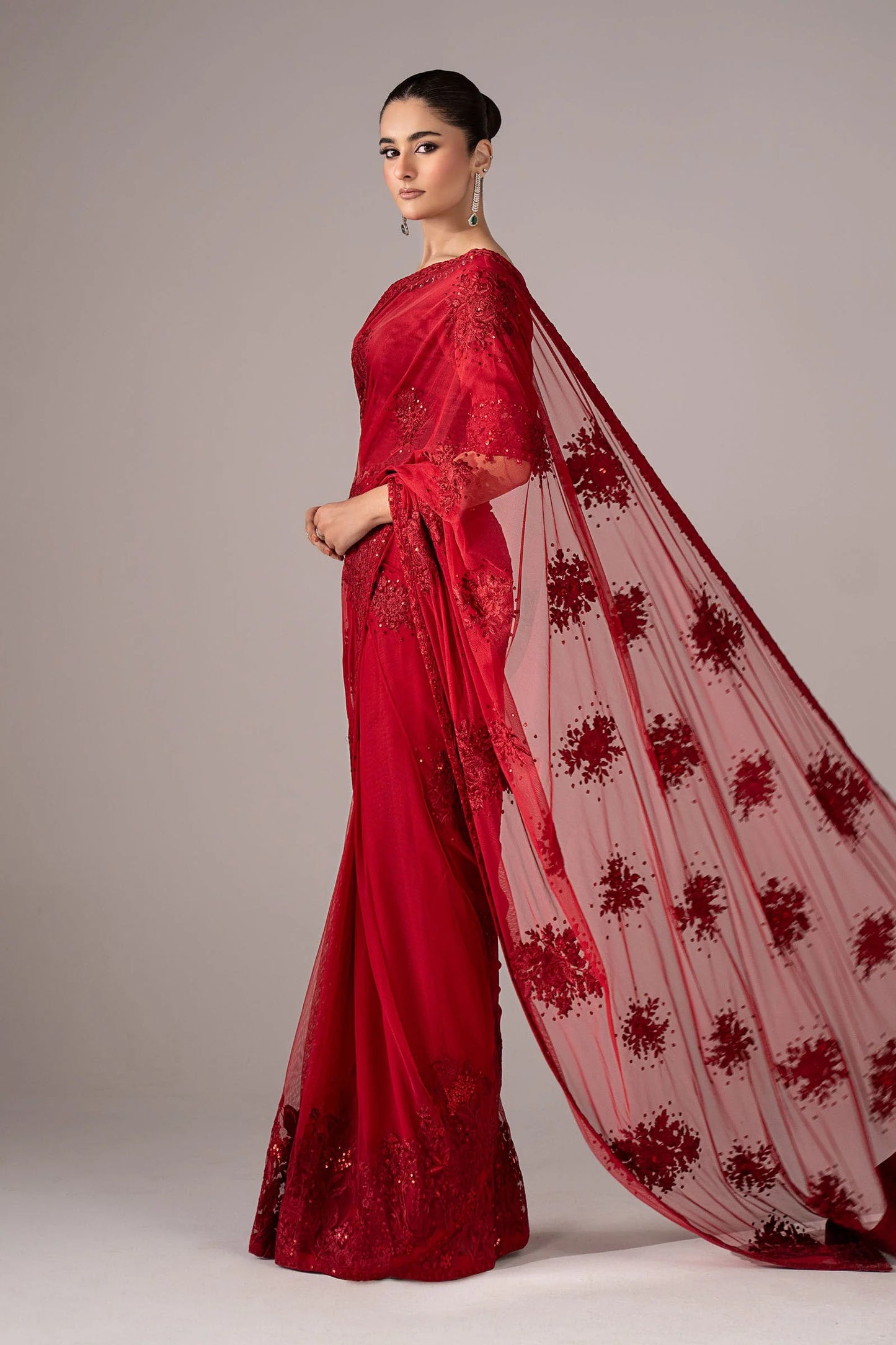 SF-EF26-56-Red | Embroidered Chiffon Saree | MARIA.B