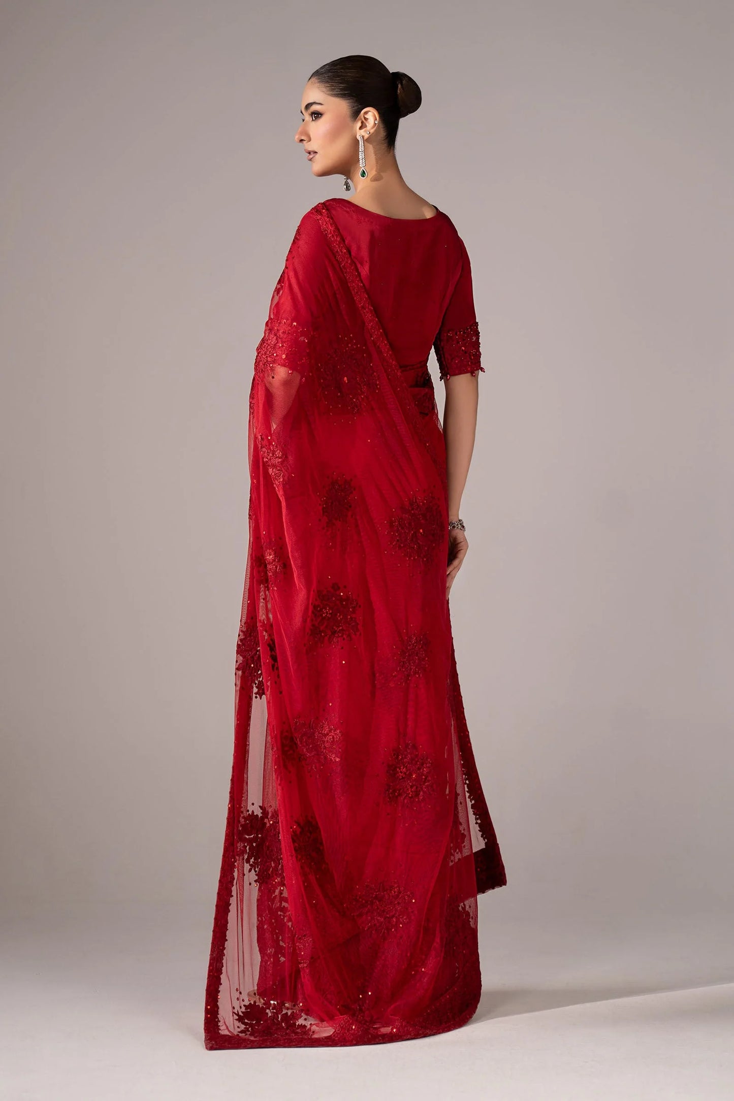 SF-EF26-56-Red | Embroidered Chiffon Saree | MARIA.B