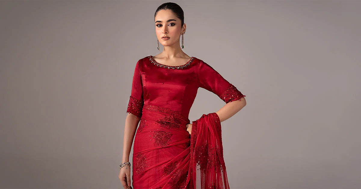 SF-EF26-56-Red | Embroidered Chiffon Saree | MARIA.B